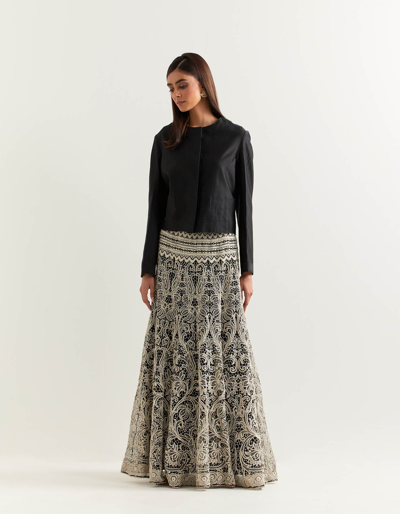 Chanderi boxy jacket paired with lace embroidered mesh skirt