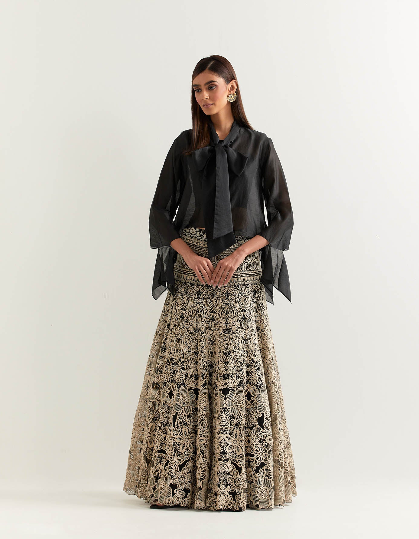 Chanderi boat tie shirt paired with lace embroidered mesh skirt