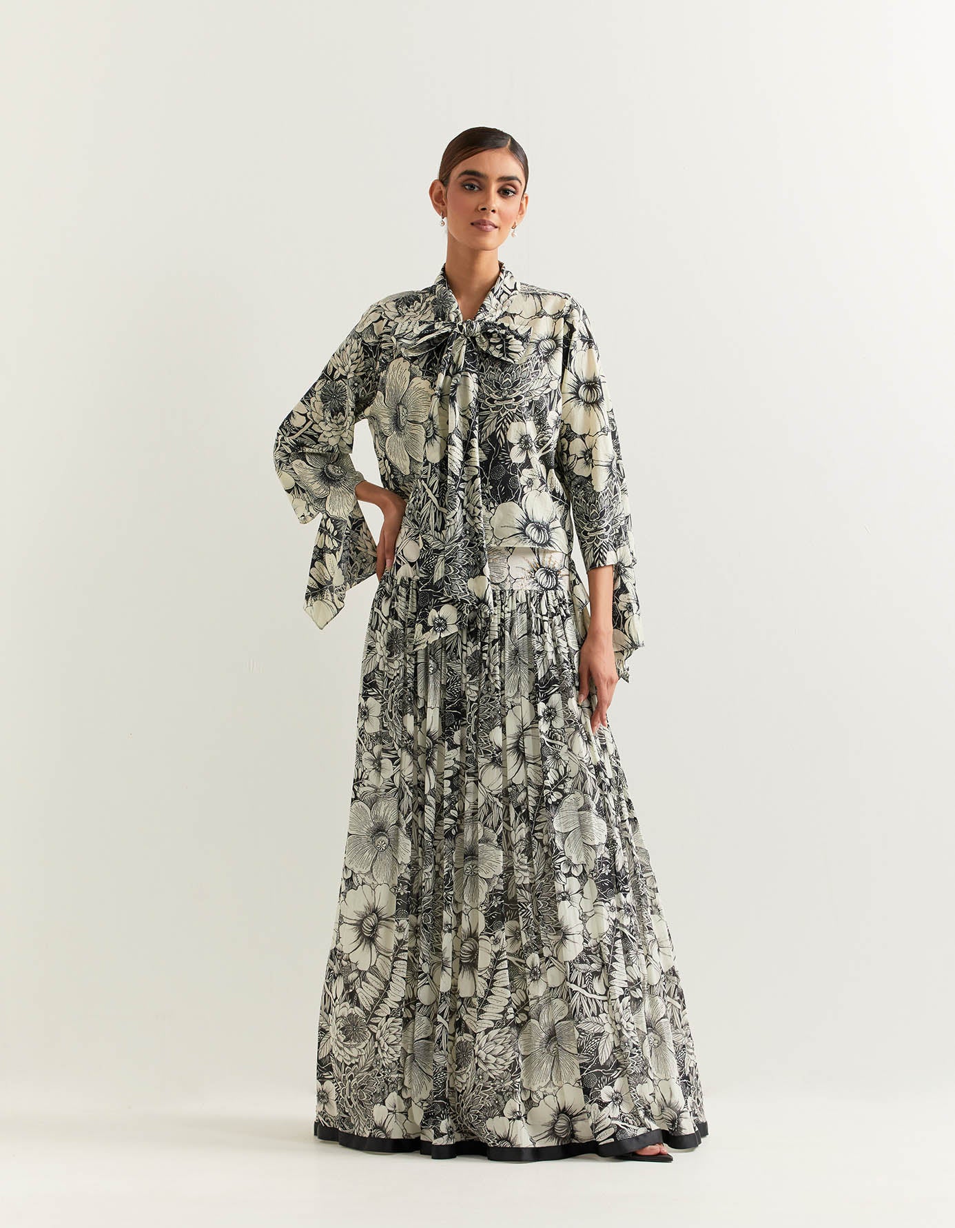 Printed bow tie shirt paired with georgette printed skirt