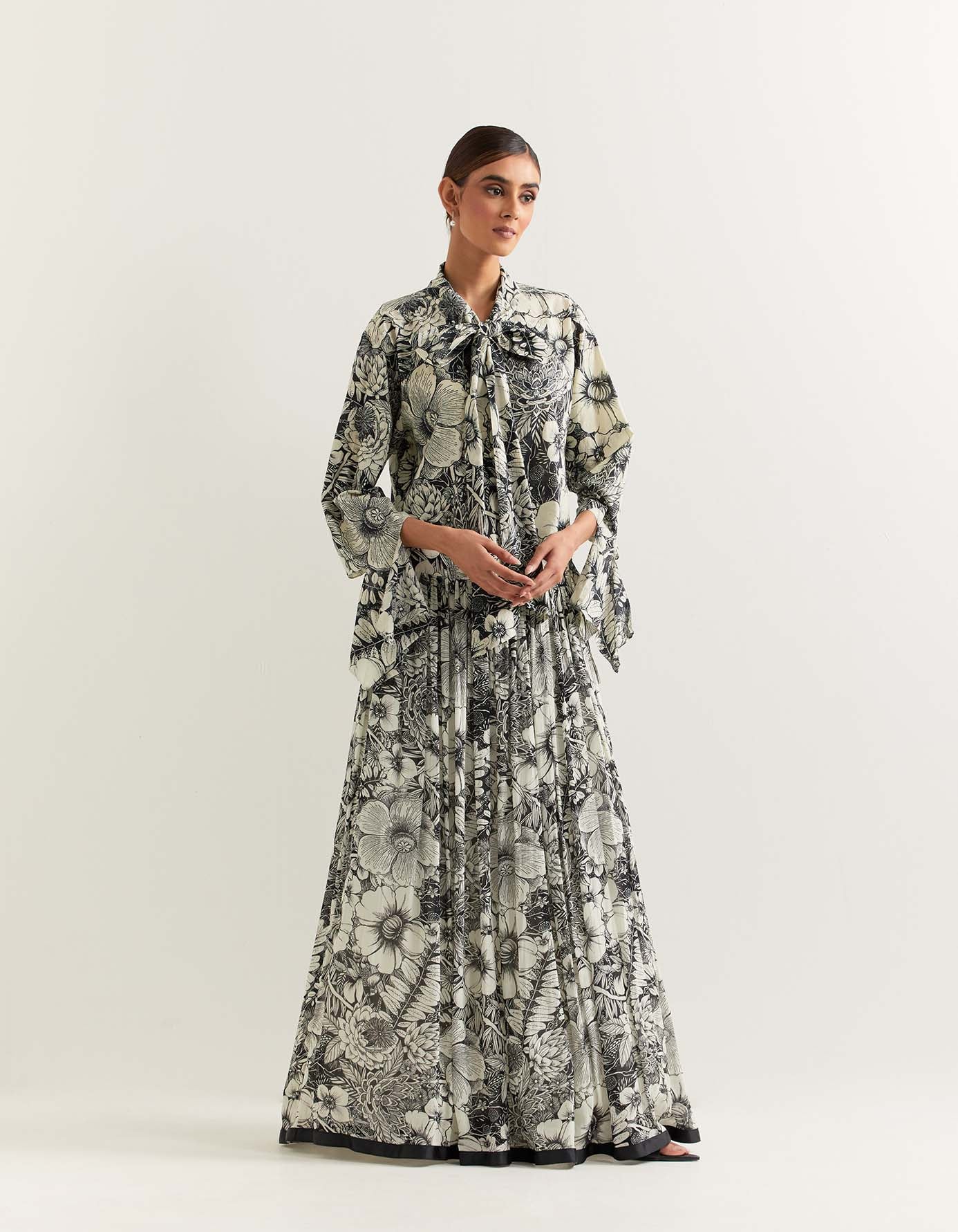 Printed bow tie shirt paired with georgette printed skirt