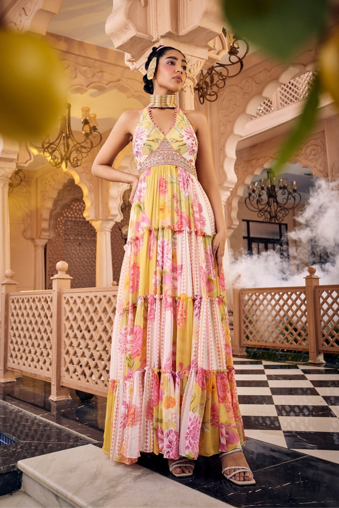 Multi-Printed Halter Neck Embroidered Layered Maxi Dress