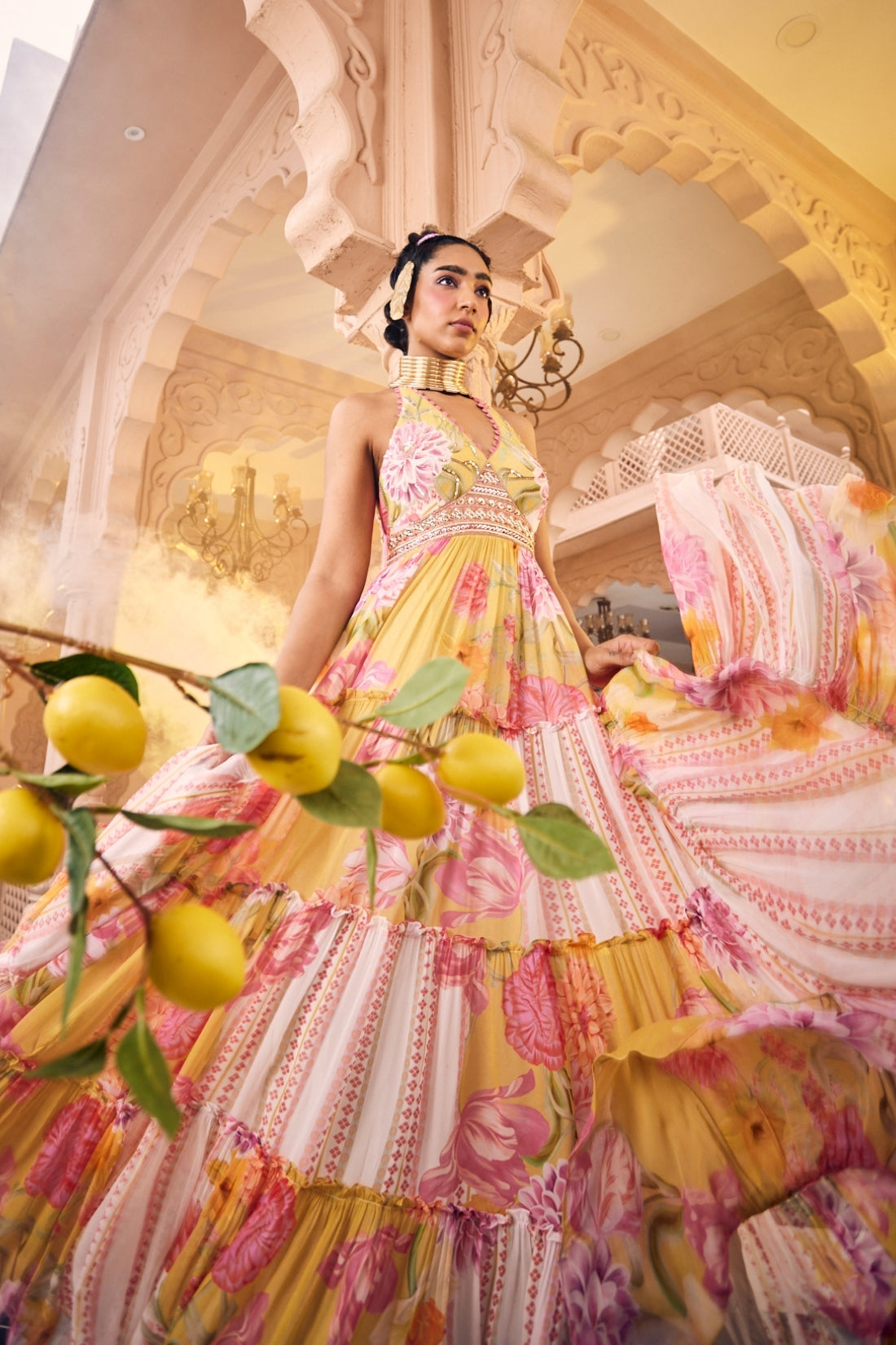 Multi-Printed Halter Neck Embroidered Layered Maxi Dress