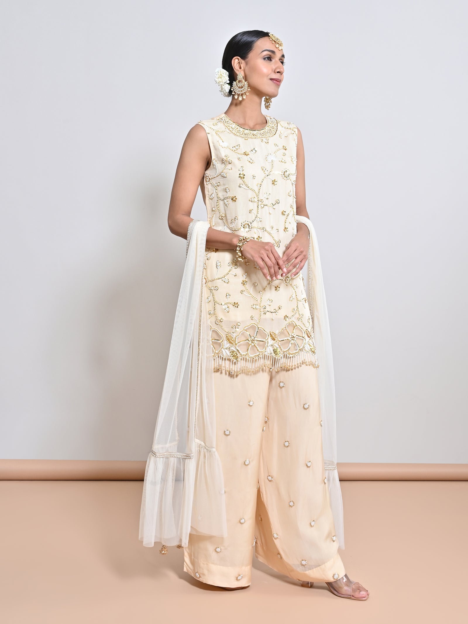 An Embroidered Motif Flare Silk Organza Palazzo & A Net Dupatta