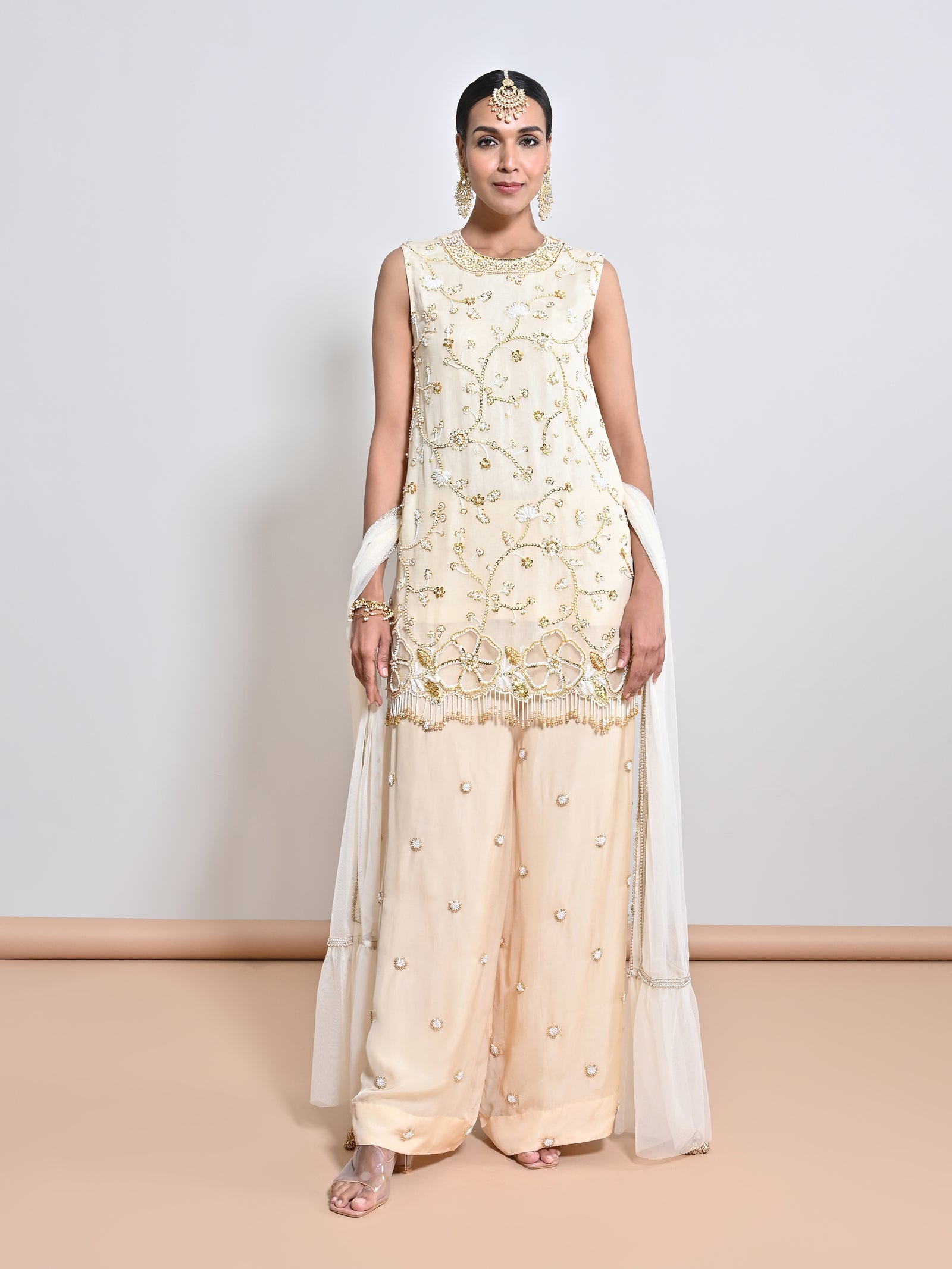 An Embroidered Motif Flare Silk Organza Palazzo & A Net Dupatta