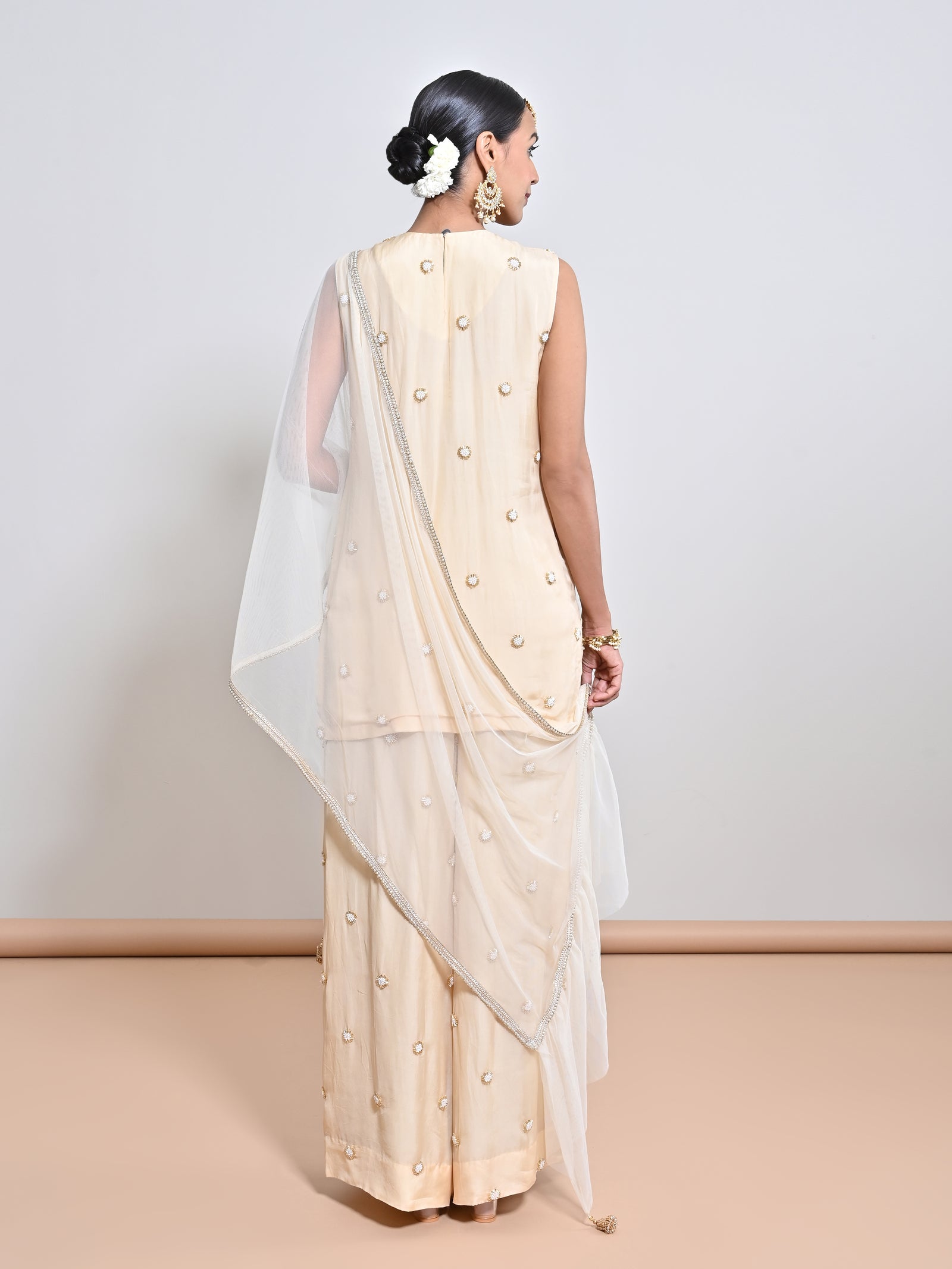 An Embroidered Motif Flare Silk Organza Palazzo & A Net Dupatta