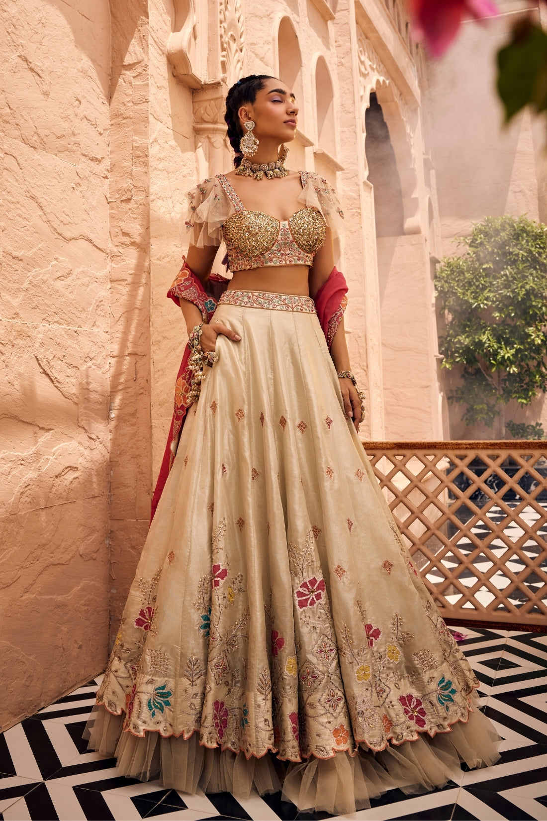 Ivory And Golden Tissue Applique Handwork Lehenga Set