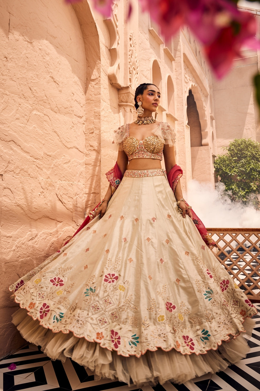 Ivory And Golden Tissue Applique Handwork Lehenga Set