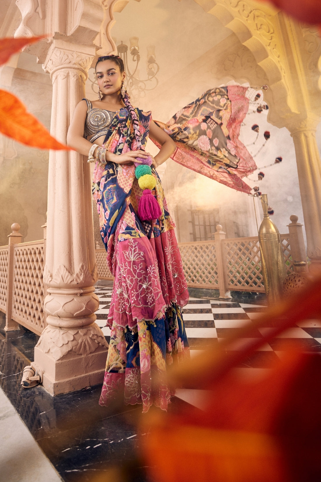 Blue Multi-Printed Hand-Embroidered Layered Pre-Drape Saree Set