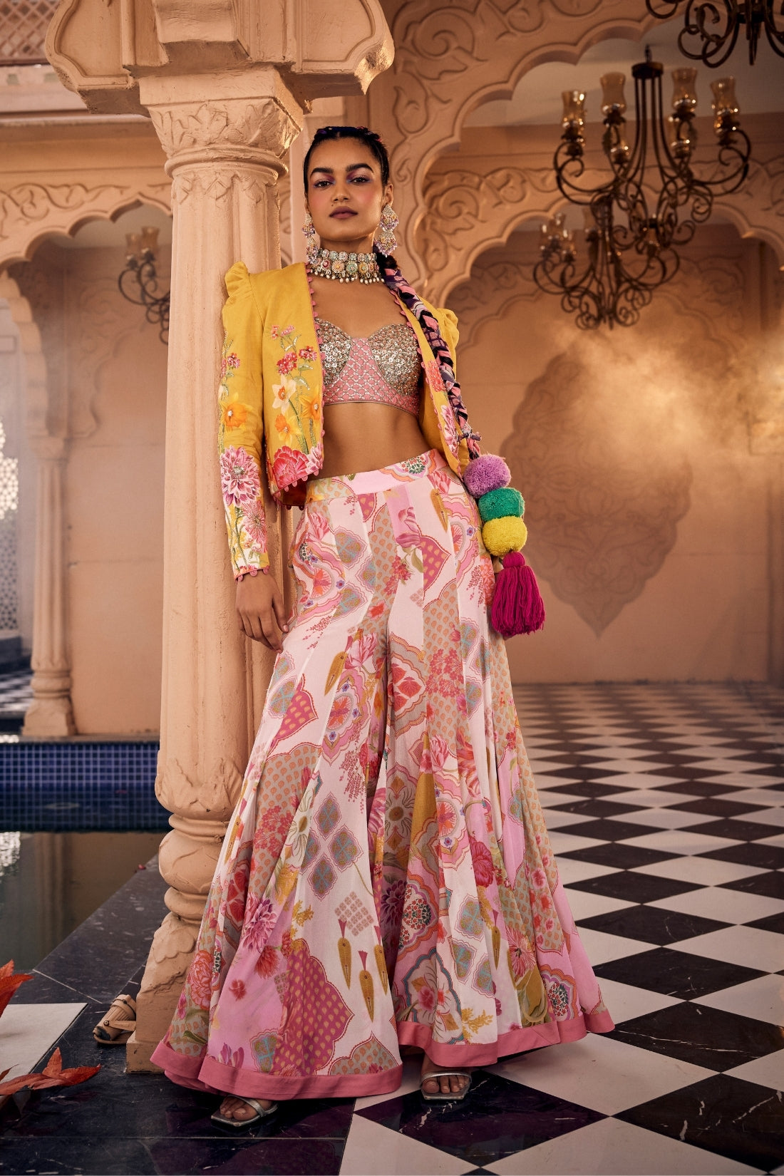 A Yellow Printed Embroidered Jacket Set