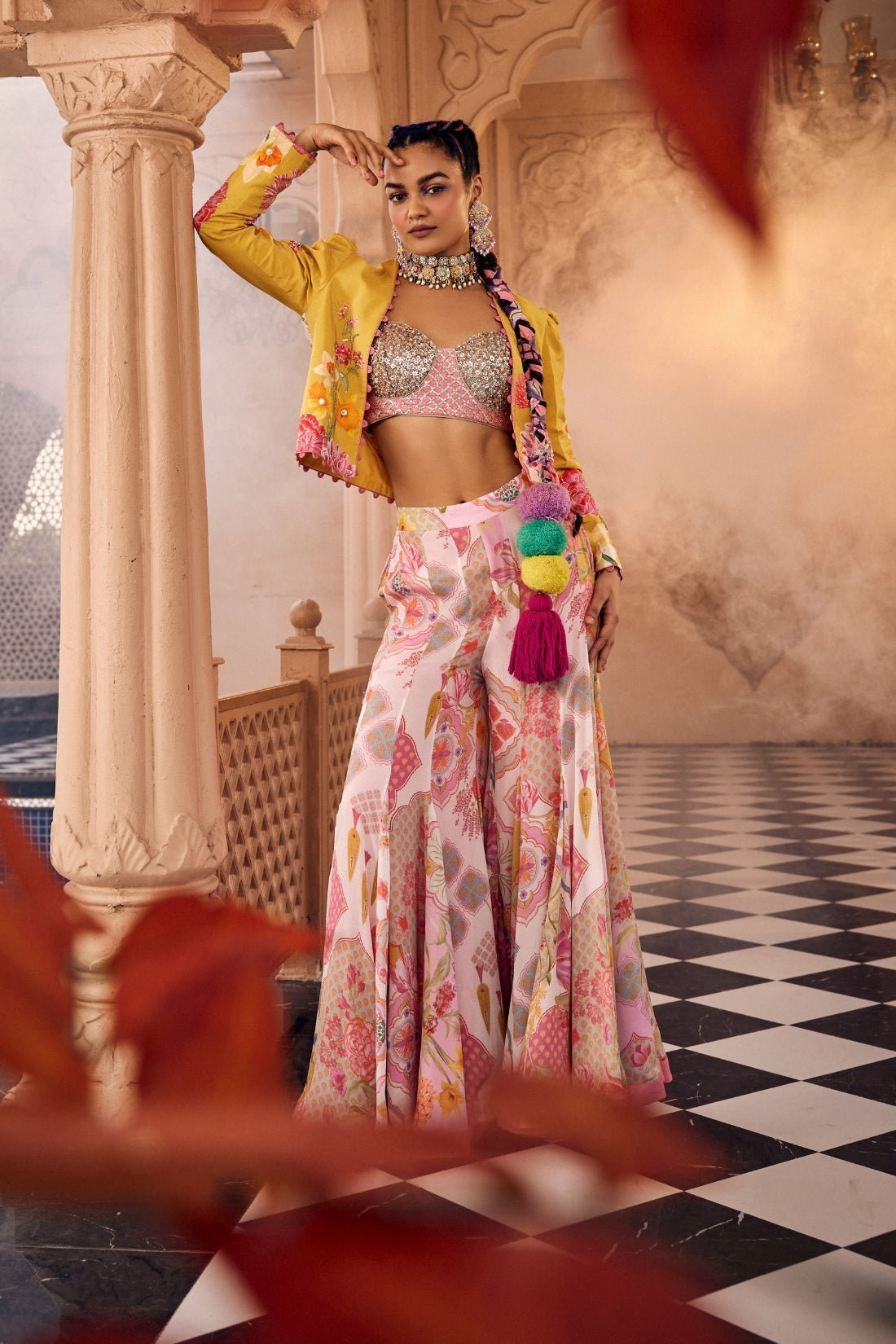 A Yellow Printed Embroidered Jacket Set