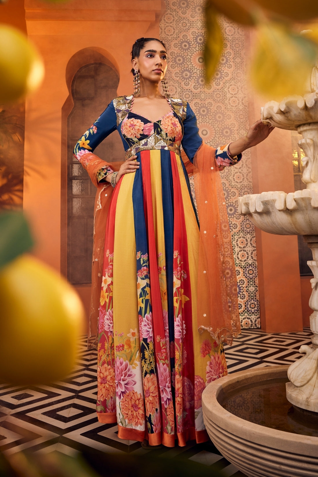 Multi-Colored Printed Sweetheart Neck Embroidered Anarkali Set