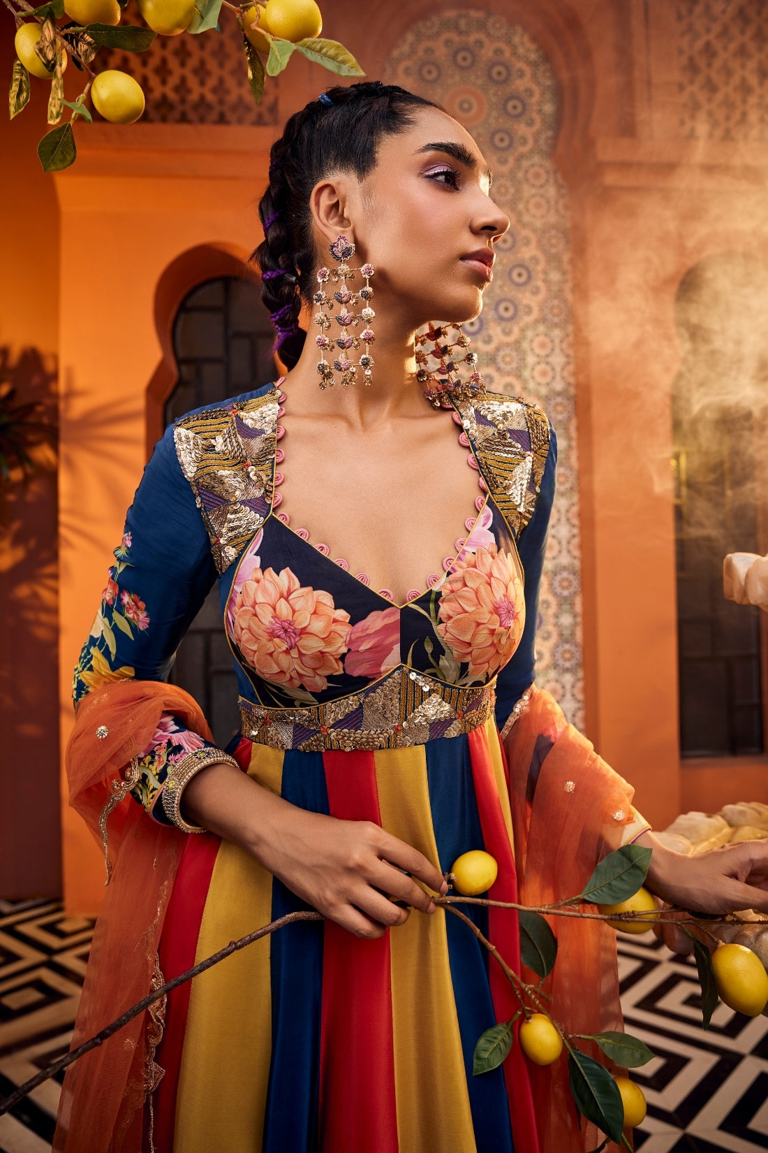 Multi-Colored Printed Sweetheart Neck Embroidered Anarkali Set