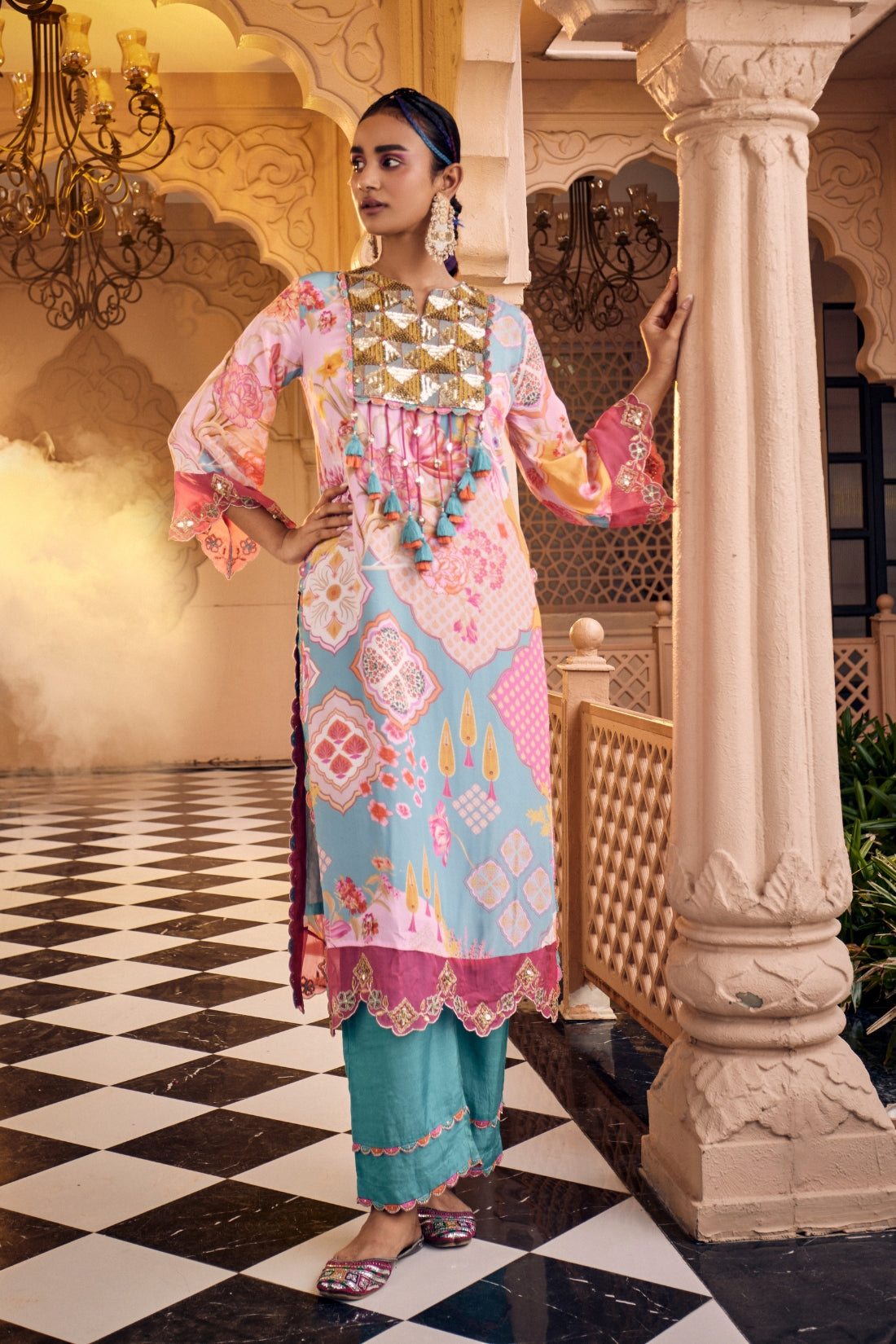 A Turquoise Blue Multi Printed Kurta Set
