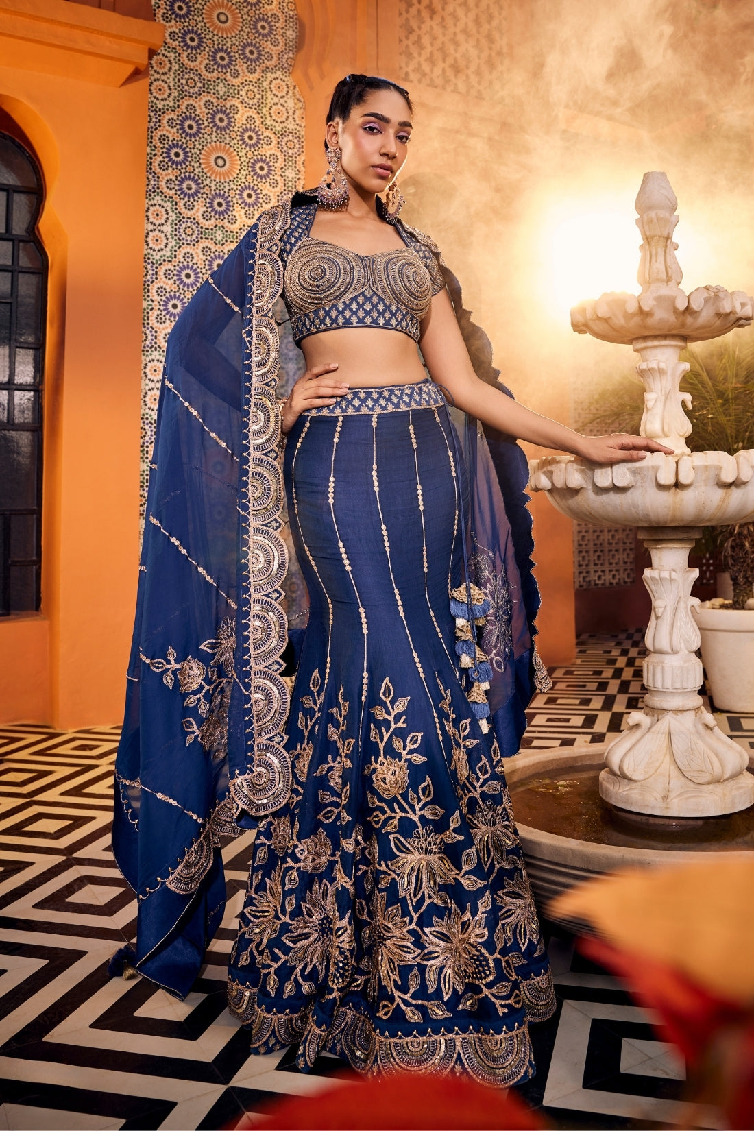 Exquisite Peacock Blue Heavy Embroidered Fish Cut Lehenga Set