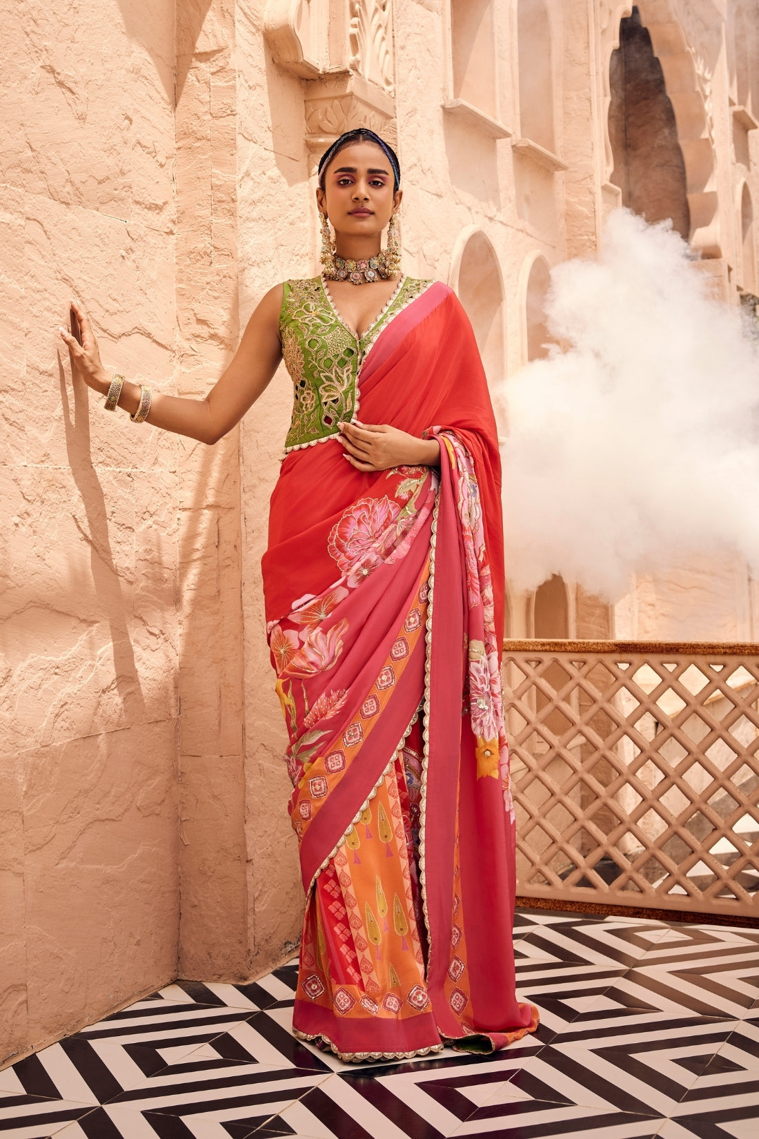 Red Multi-Printed Embroidered Saree Set