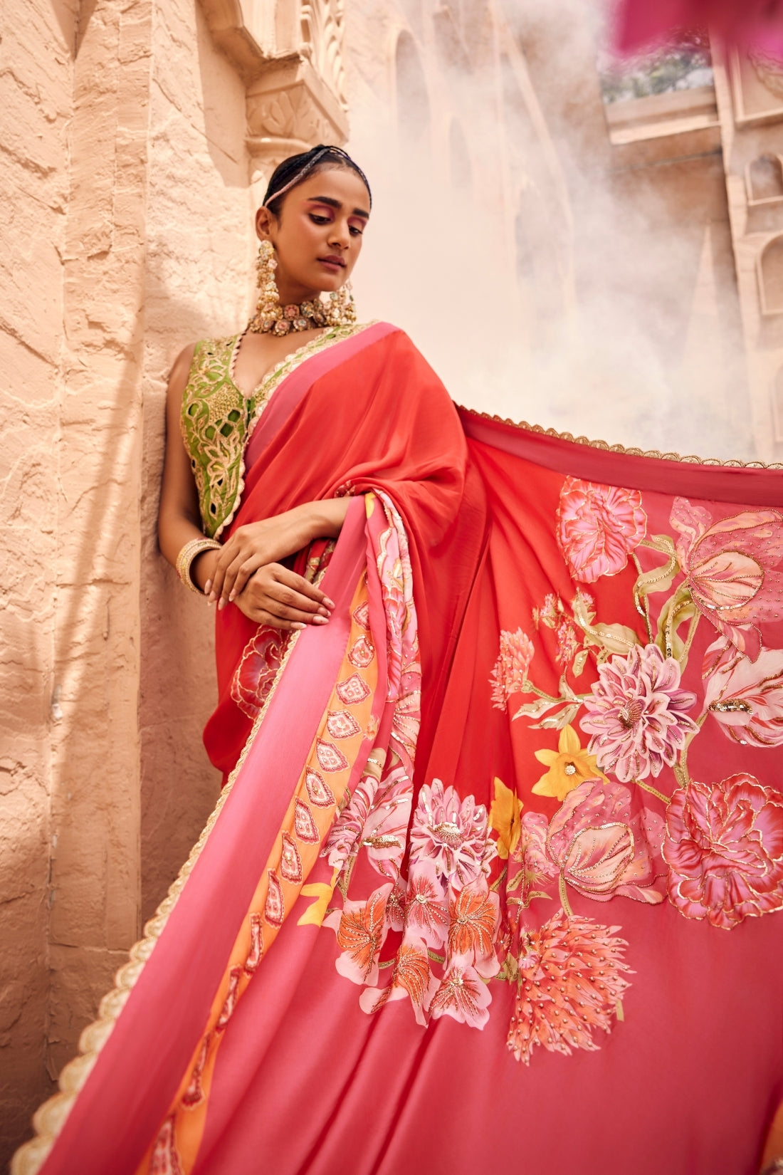 Red Multi-Printed Embroidered Saree Set