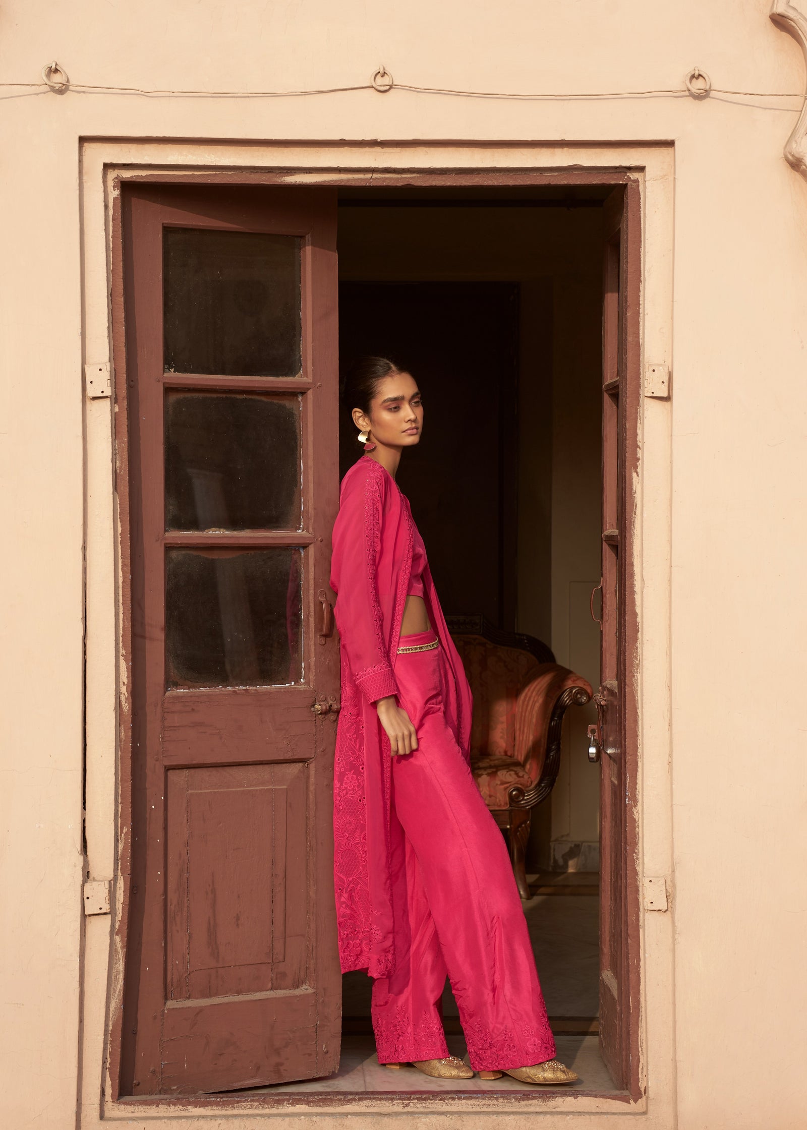 Raspberry Pink Silk Embroidered Organza Jacket Set