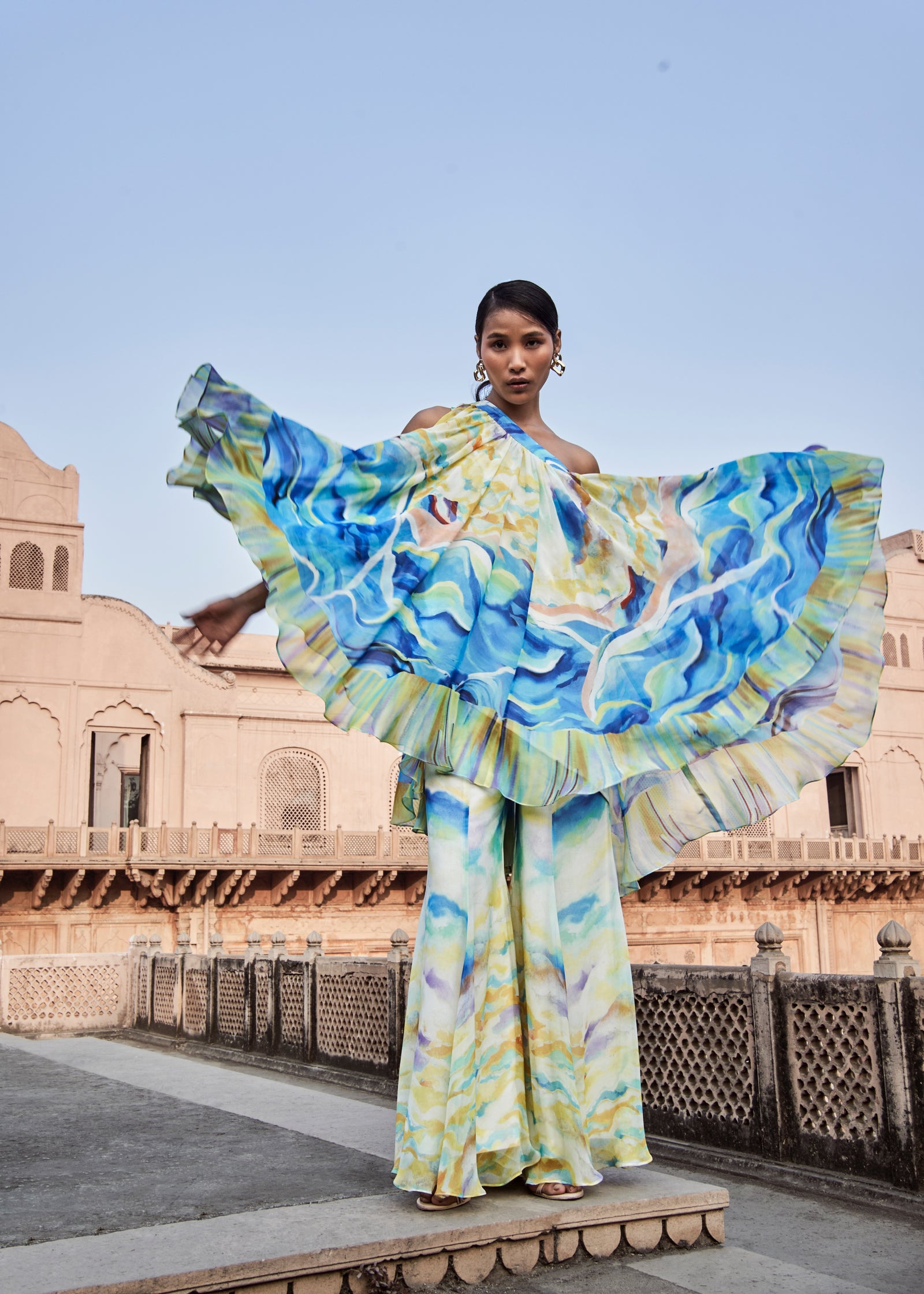 Multi color One-Shoulder Tunic with Flared Sharara