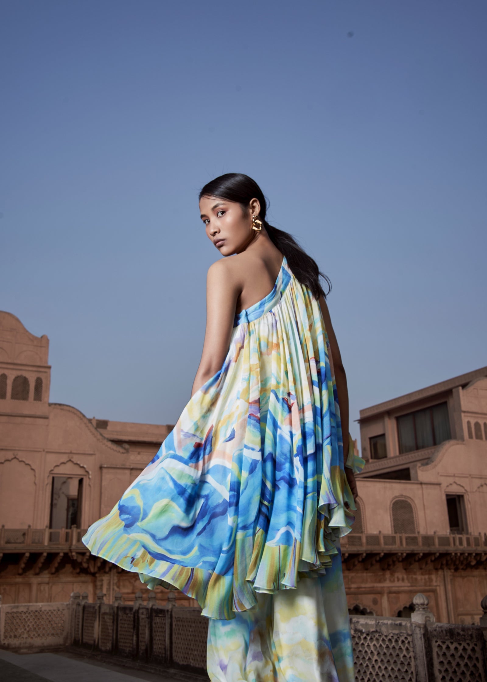 Multi color One-Shoulder Tunic with Flared Sharara