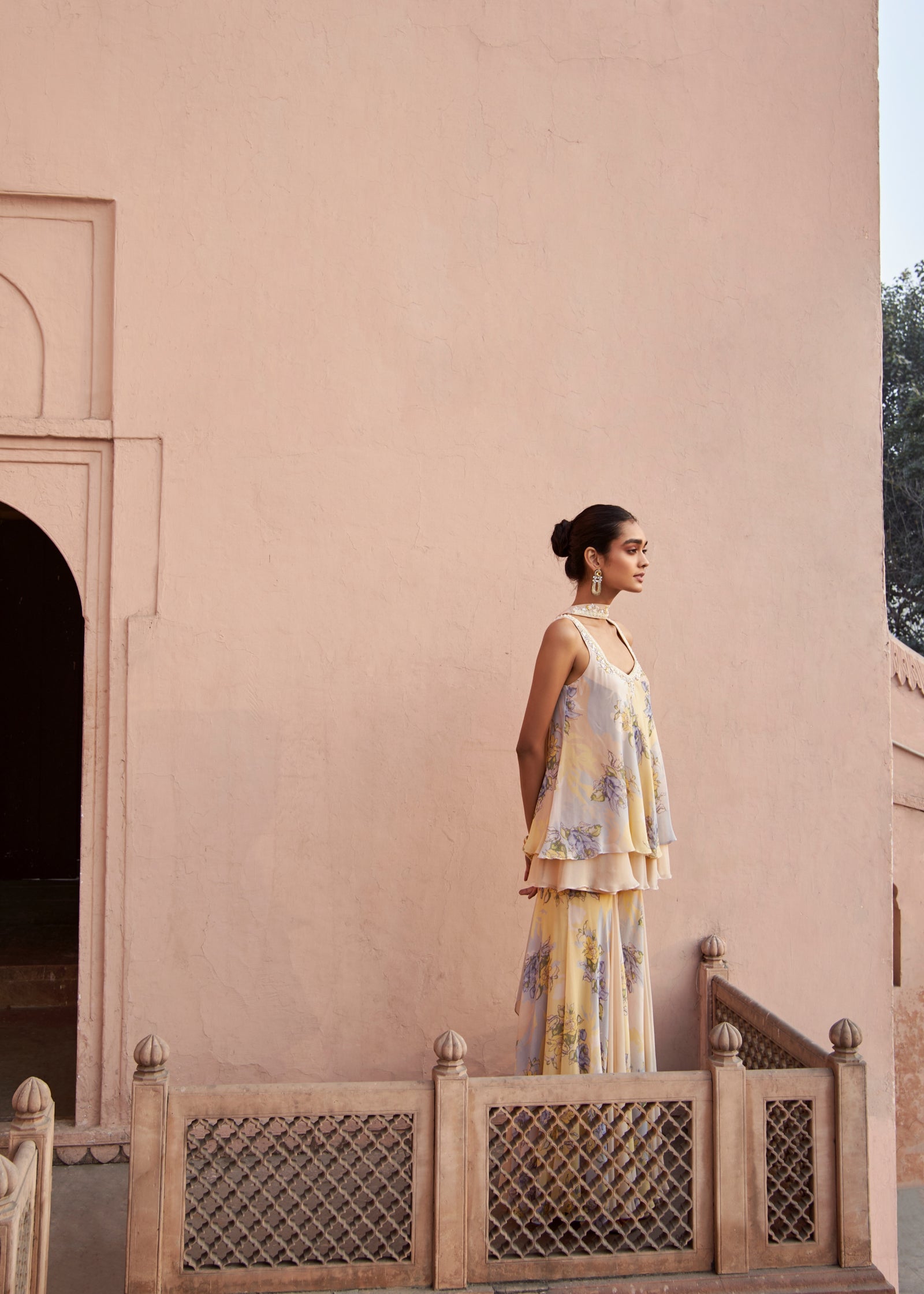 Sky Blue Sleeveless Tunic & Georgette Sharara Set