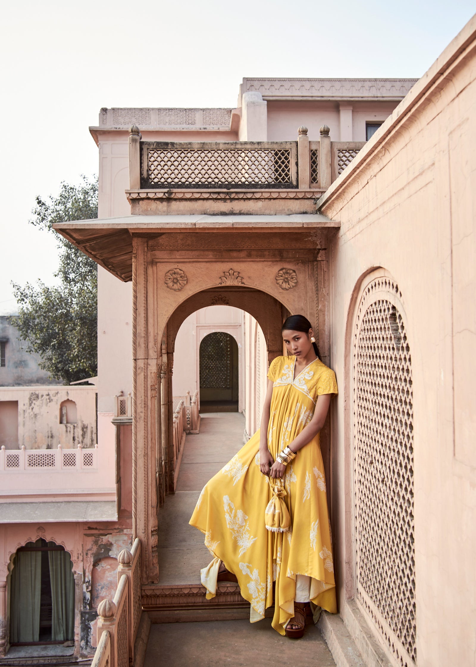 Floral Embroidered Yellow Kurta with Ivory Straight Pants