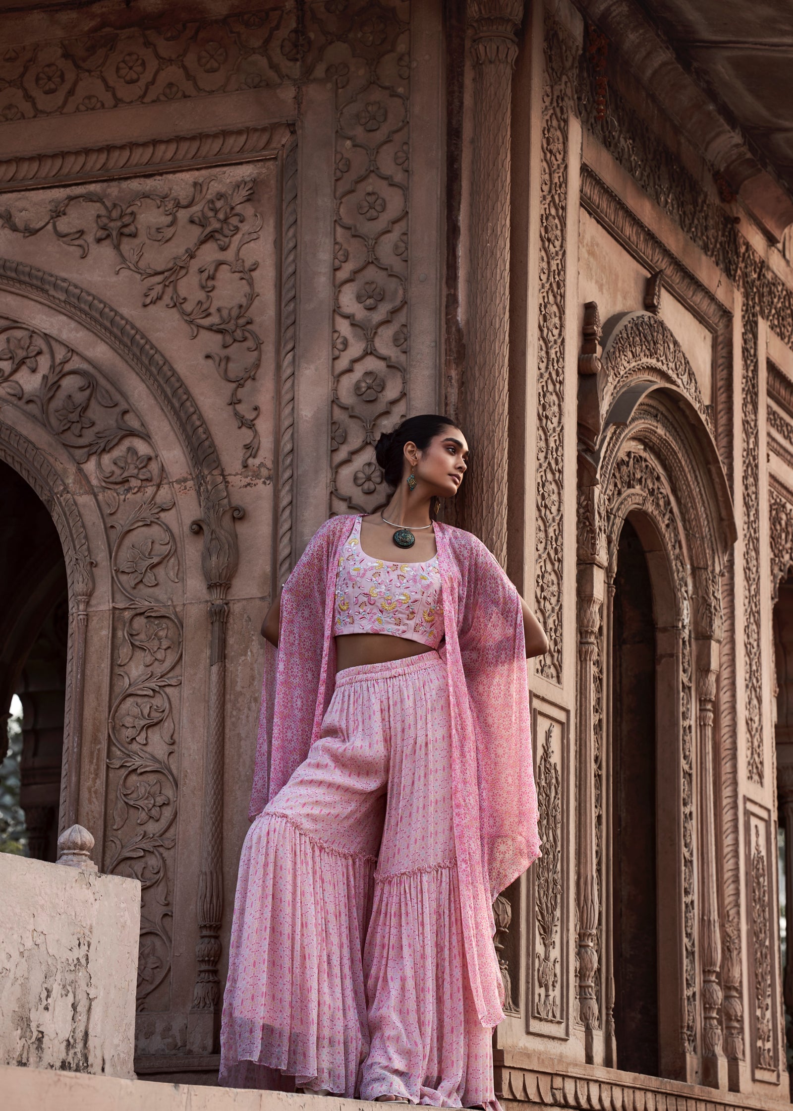 Embroidered Short Blouse with Pink Printed Jacket and Sharara Pants
