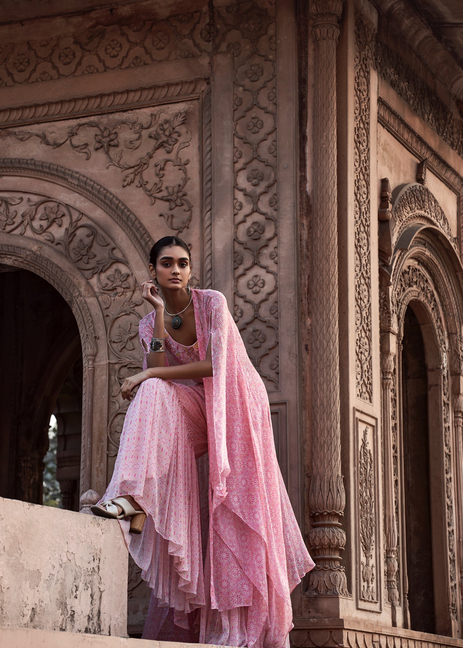 Embroidered Short Blouse with Pink Printed Jacket and Sharara Pants