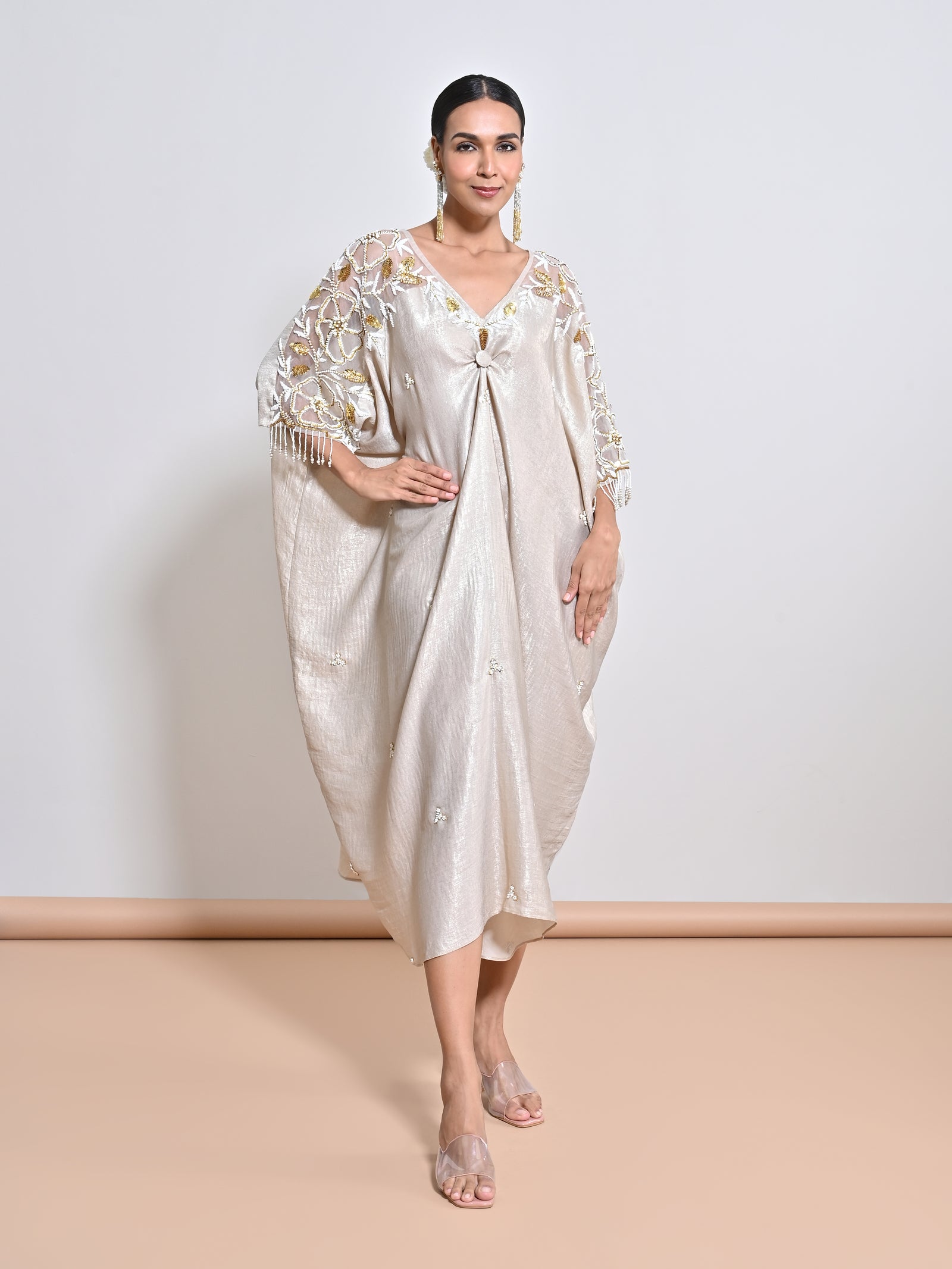Light Gold Shimmer Foil Crepe Kaftan