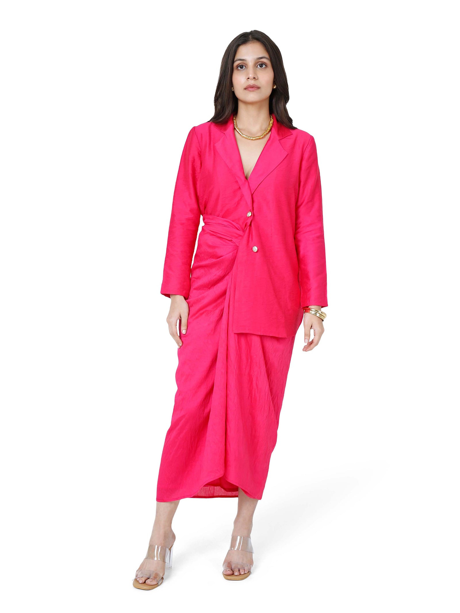Self drape skirt with matching blazer set