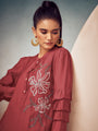 Kiaa Hibiscous Red Embroidered Thread Ruffle Tier Sleeves Tunic Set