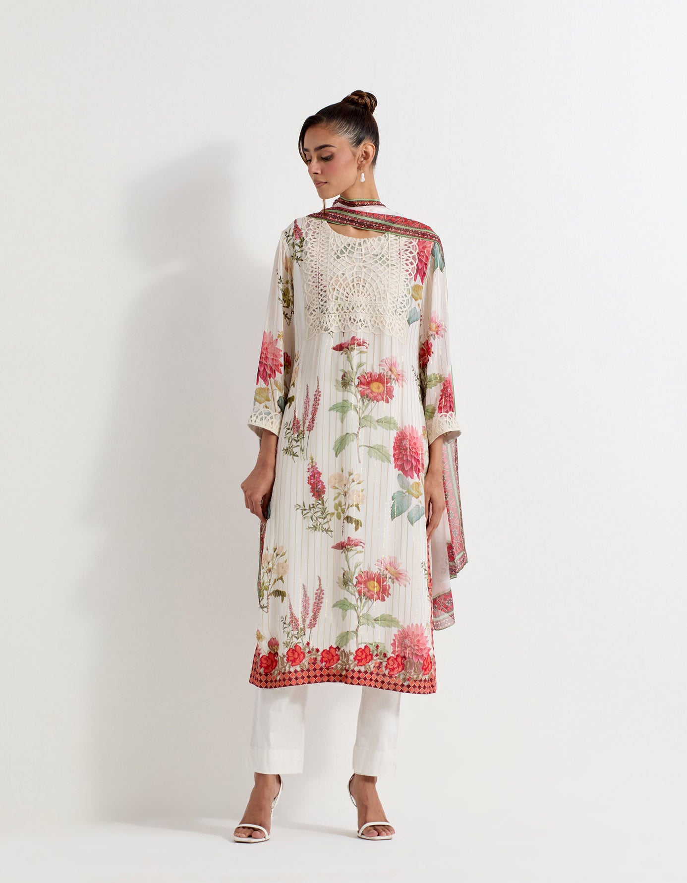 Daisy printed lurex georgette kurta with lattice work and cross stitch embroidery paired with stretch lycra pants and orgazna dupatta