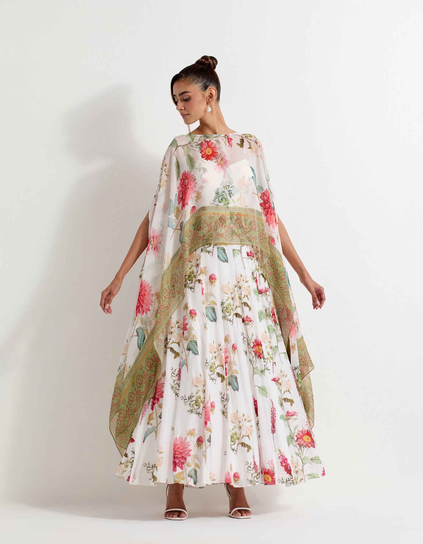 Daisy printed floor length dress paired with georgette dupatta cape