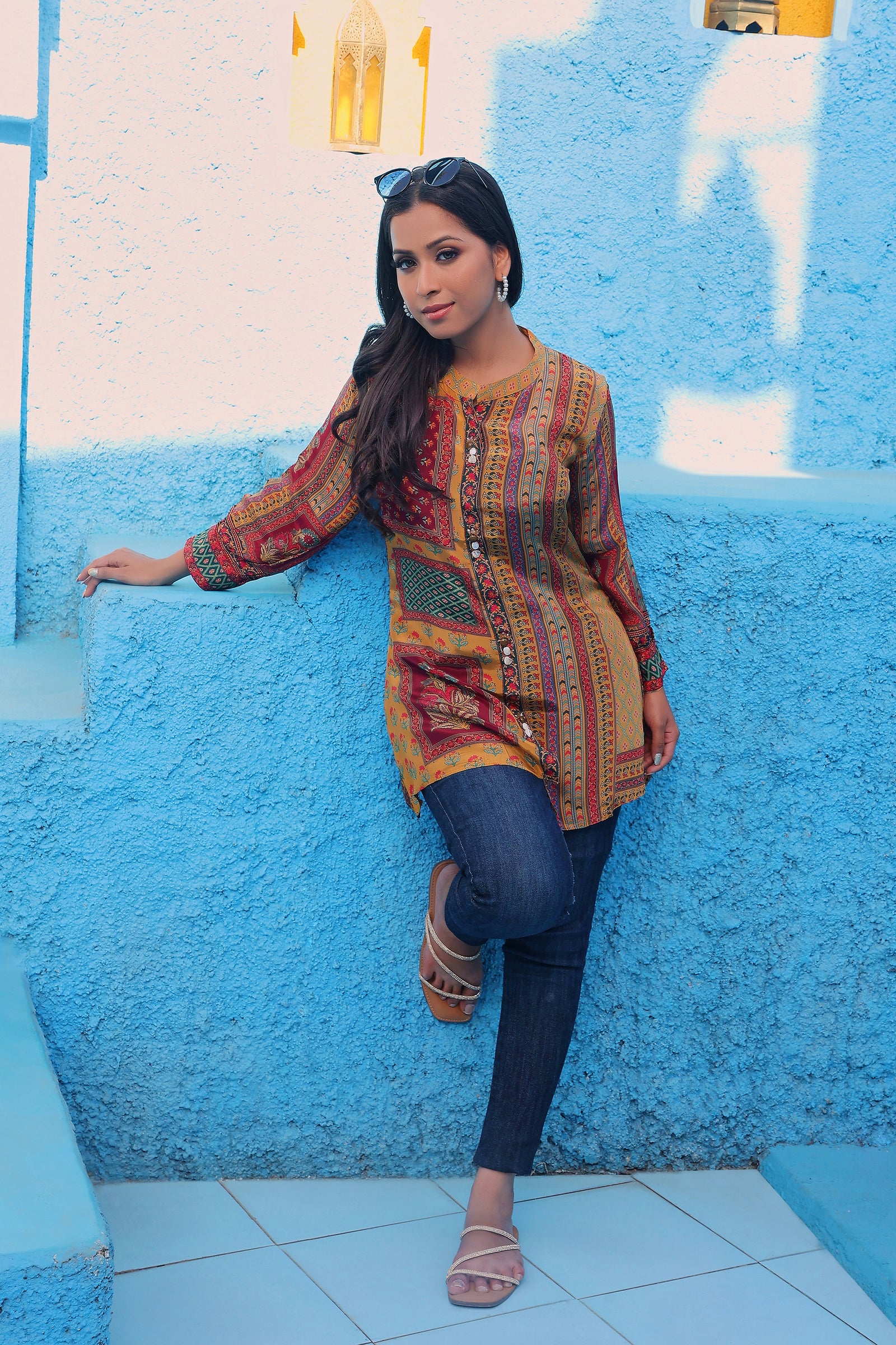 Yellow And Red Floral Printed Tunic