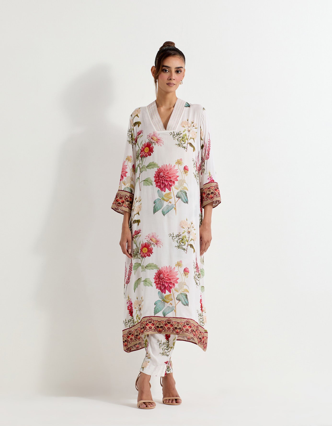 Daisy printed modal silk kurta with cross stitch border and pants