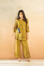 Kaftanize Mustard Green Embroidered Peacock Muslin Tunic Set With Cut Work