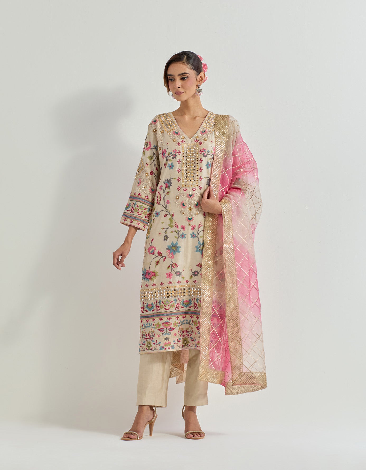 Ivory cross stitch and mirror work embellished long kurta set with organza tie dye dupatta with gota work
