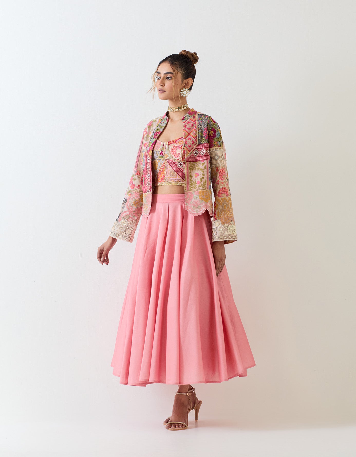 Patch work jacket paired with patch bustier and chanderi silk circular skirt