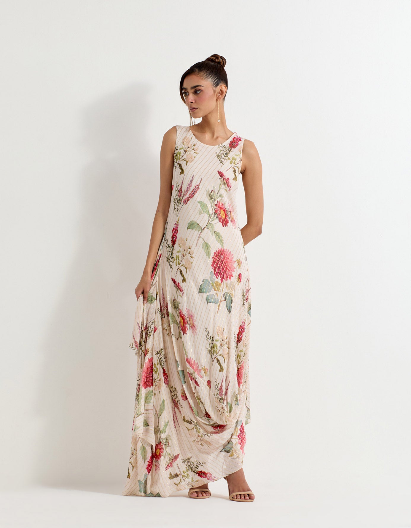 Daisy printed asymetric drape dress