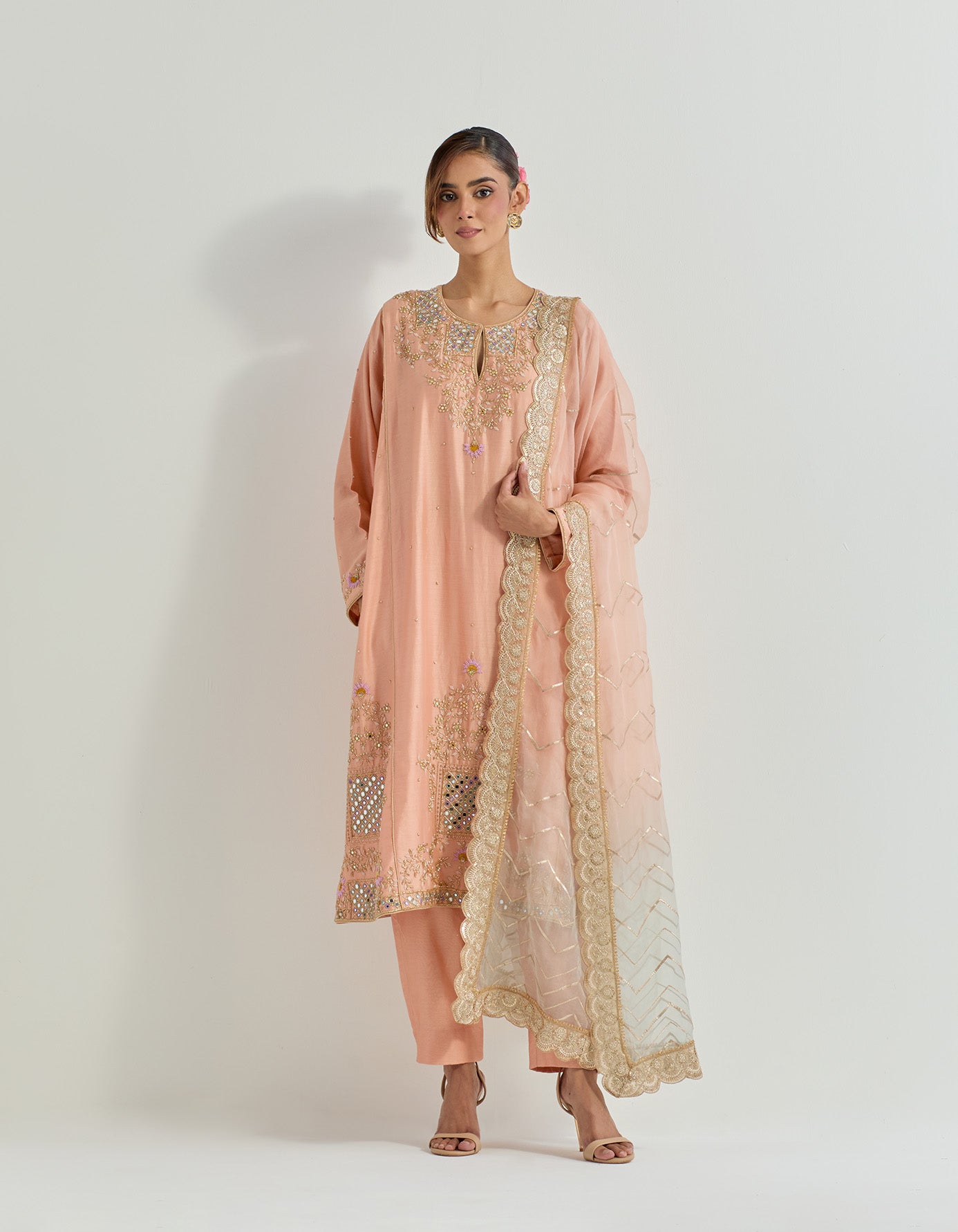 Chanderi silk hand embellished long kurta paired with organza dupatta with gota work