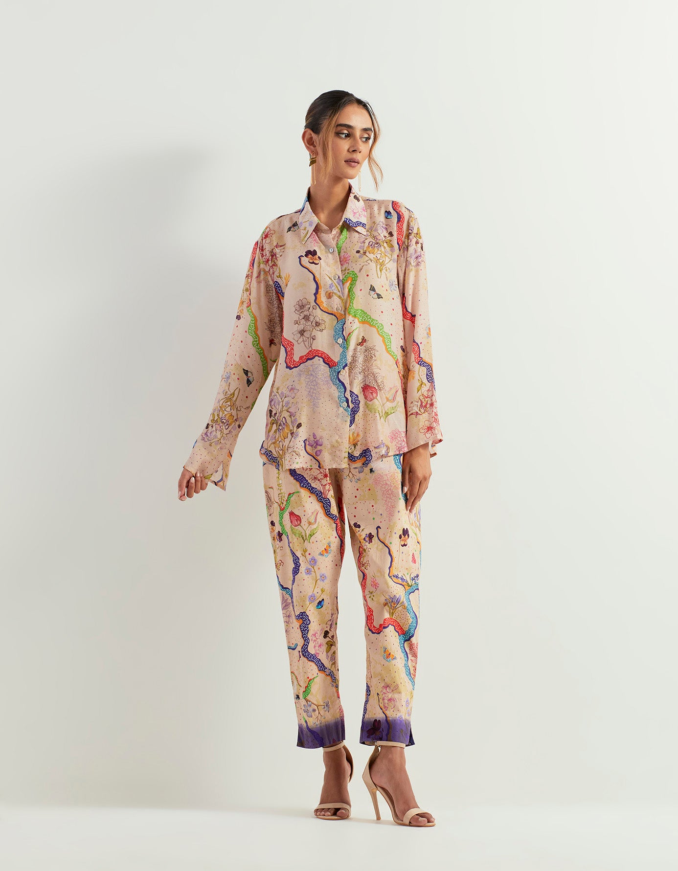 Eclectic printed silk shirt with stretch pants