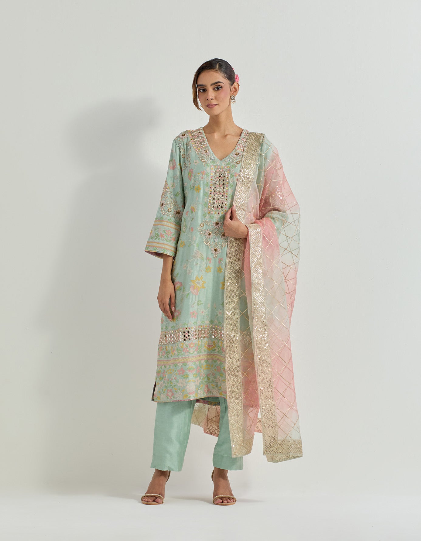Sage cross stitch and mirror work embellished long kurta set with organza tie dye dupatta with gota work