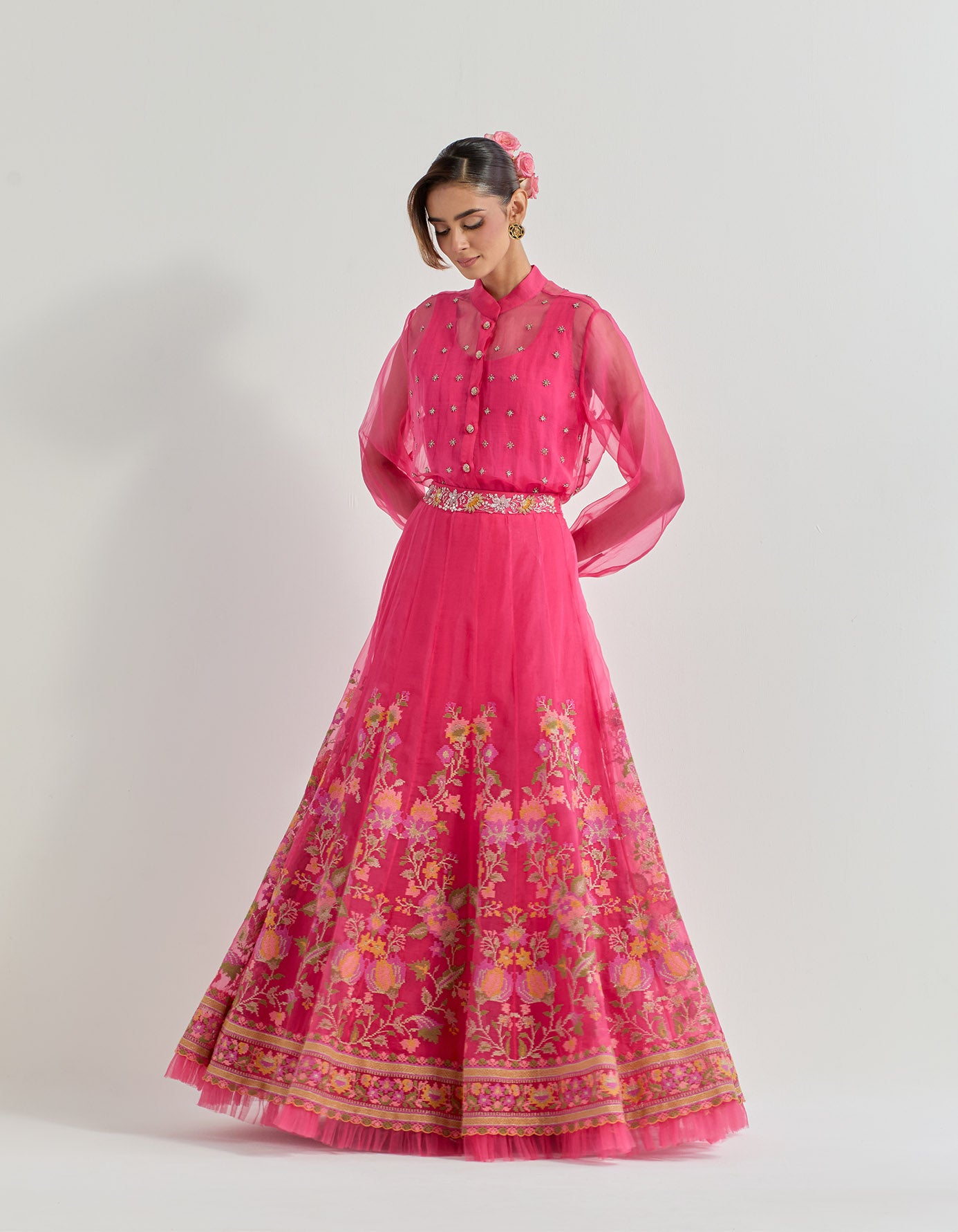 Organza hand embellished shirt with inner paired with organza peony motif cross stitch embroidered skirt