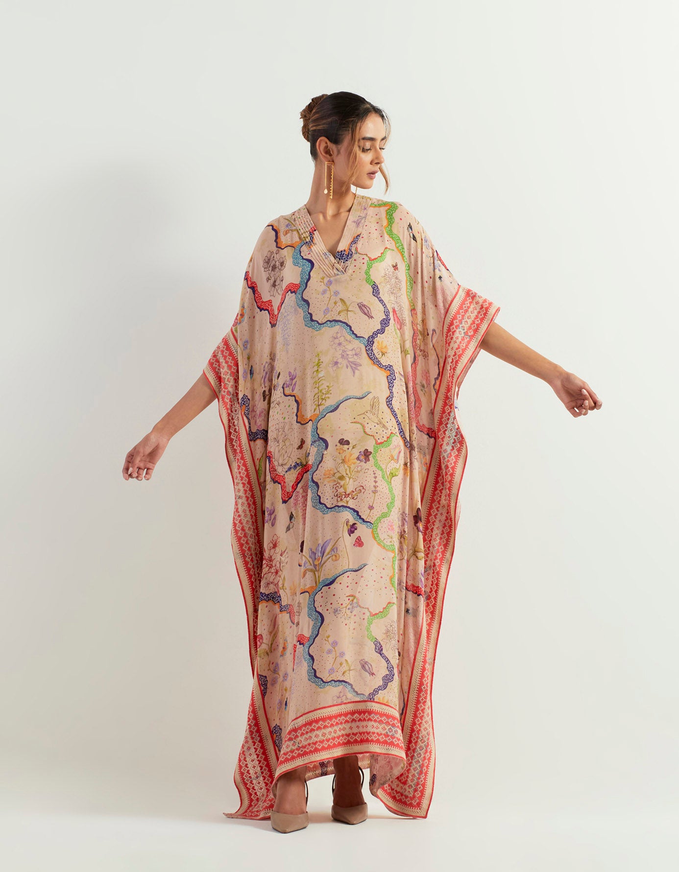 Eclectic printed kaftan with cross stitch embroidered border