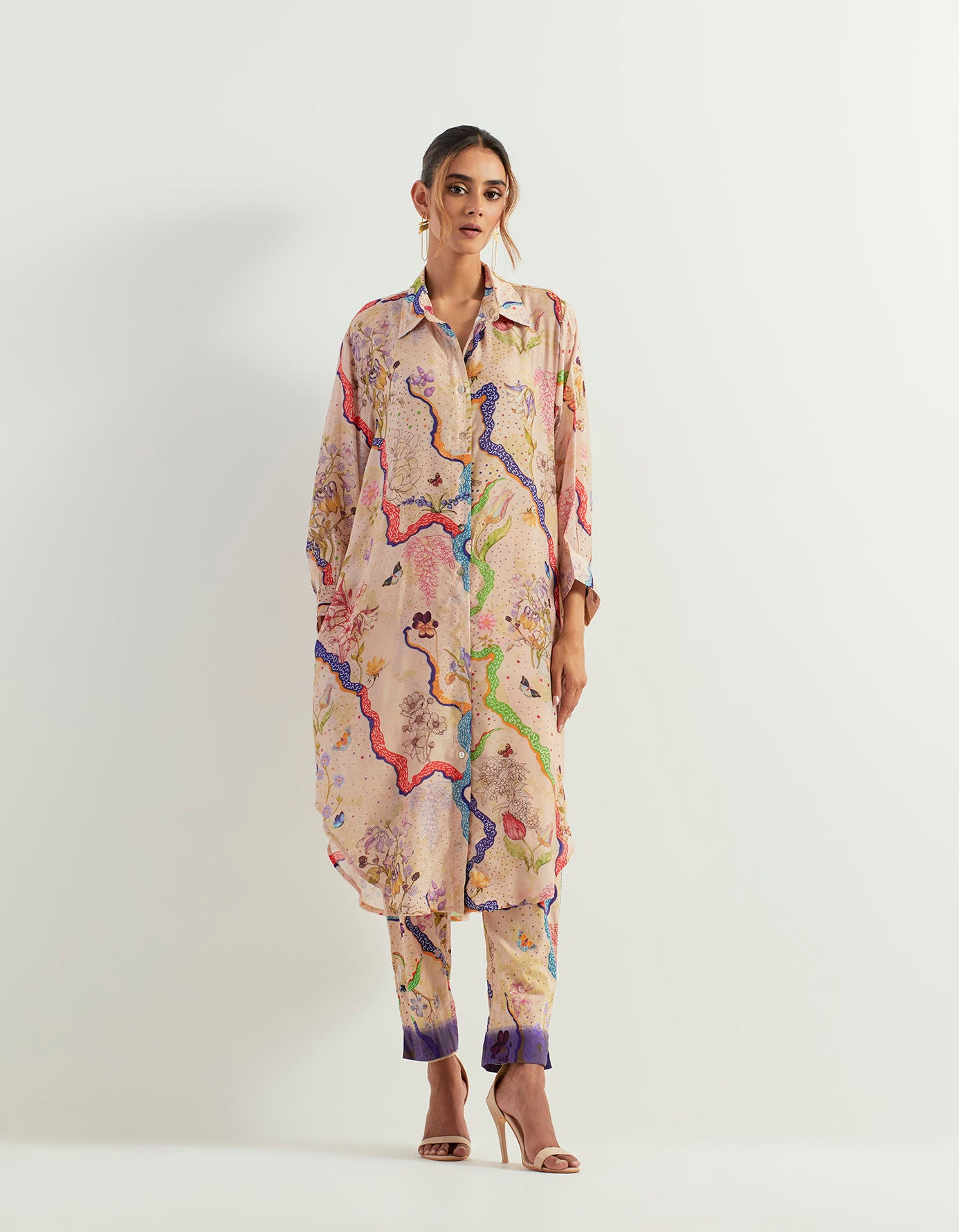 Eclectic printed long shirt tunic and stretch pants