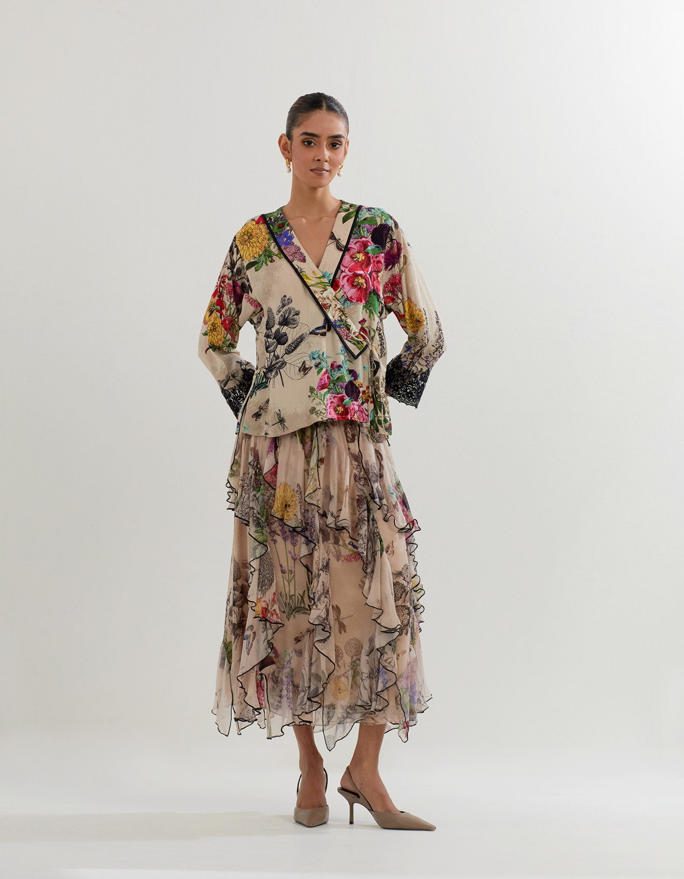 Botanical printed wrap top with printed chiffon skirt