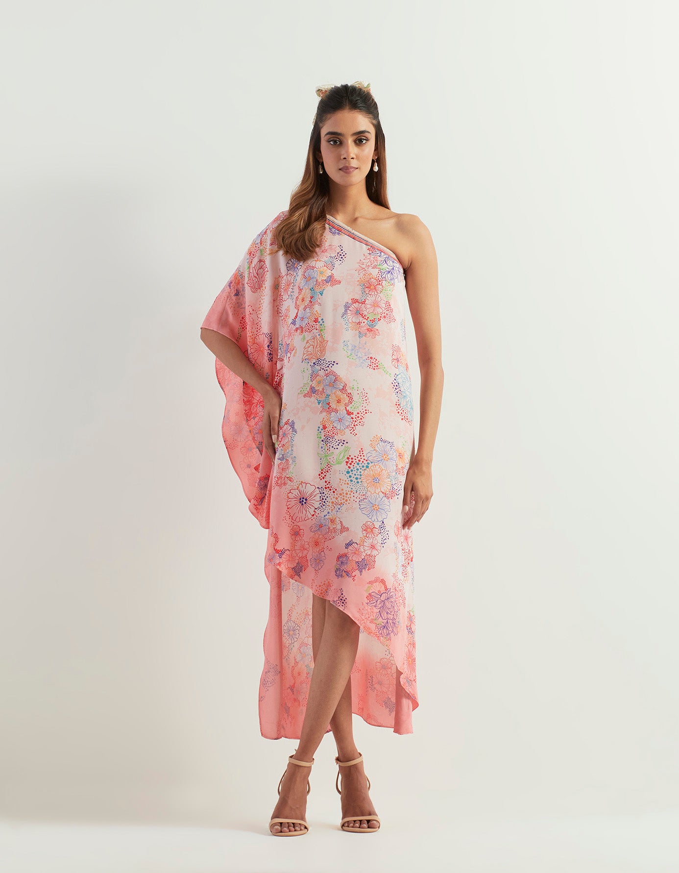 One shoulder printed and tie dye kaftan dress
