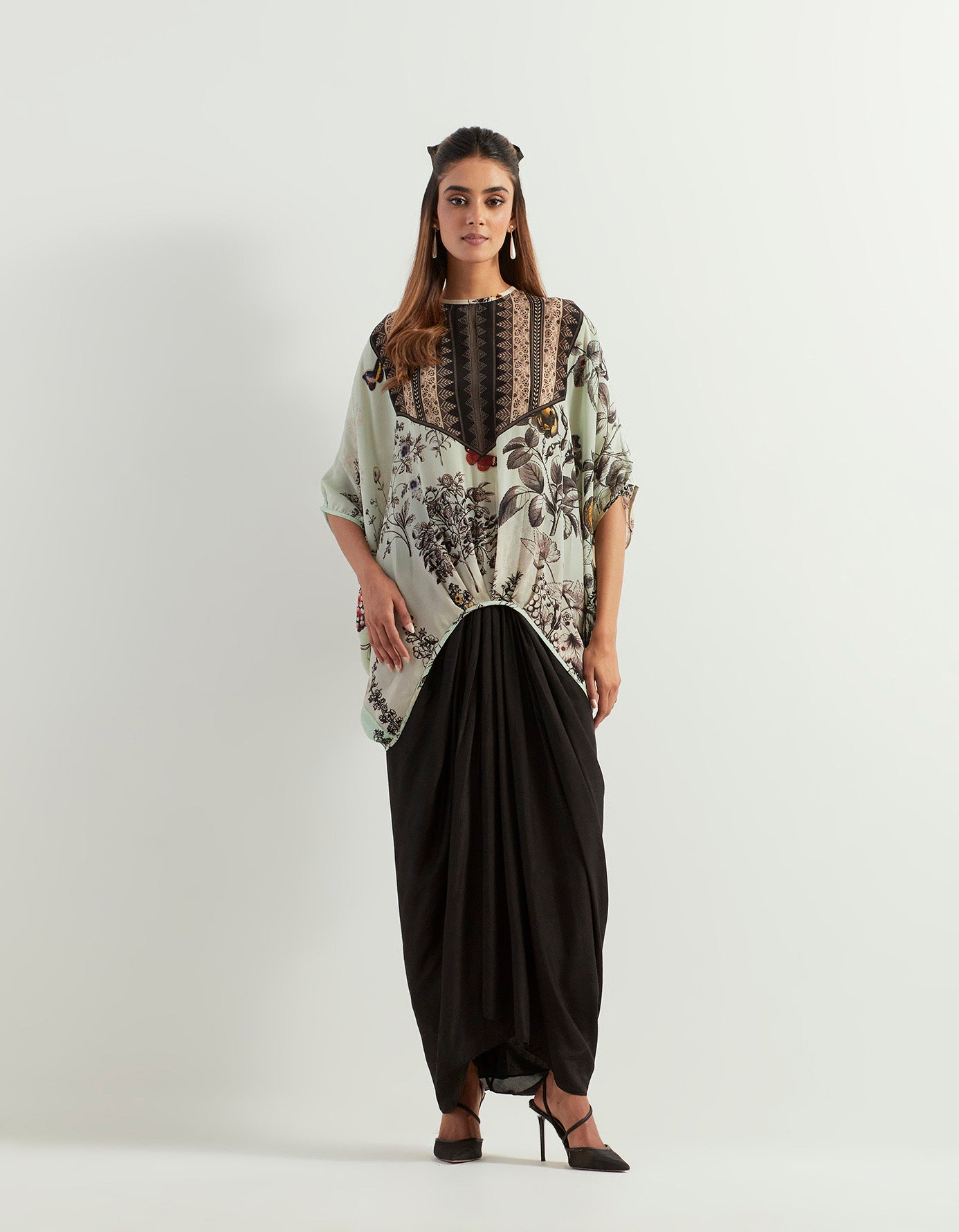 Saaya printed top with drape satin skirt