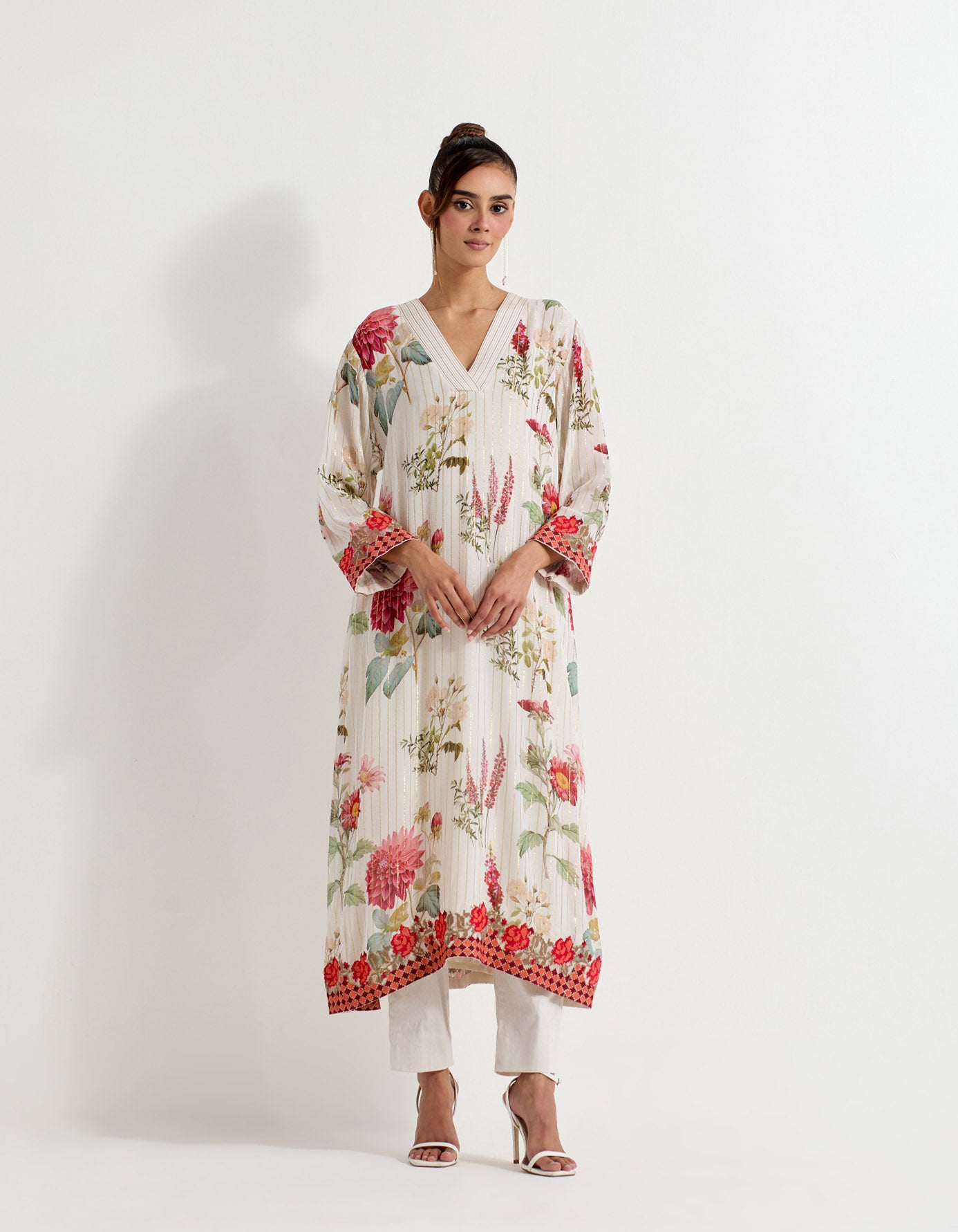 Daisy printed lurex georgette kurta with cross stitch border paired with stretch lycra pants