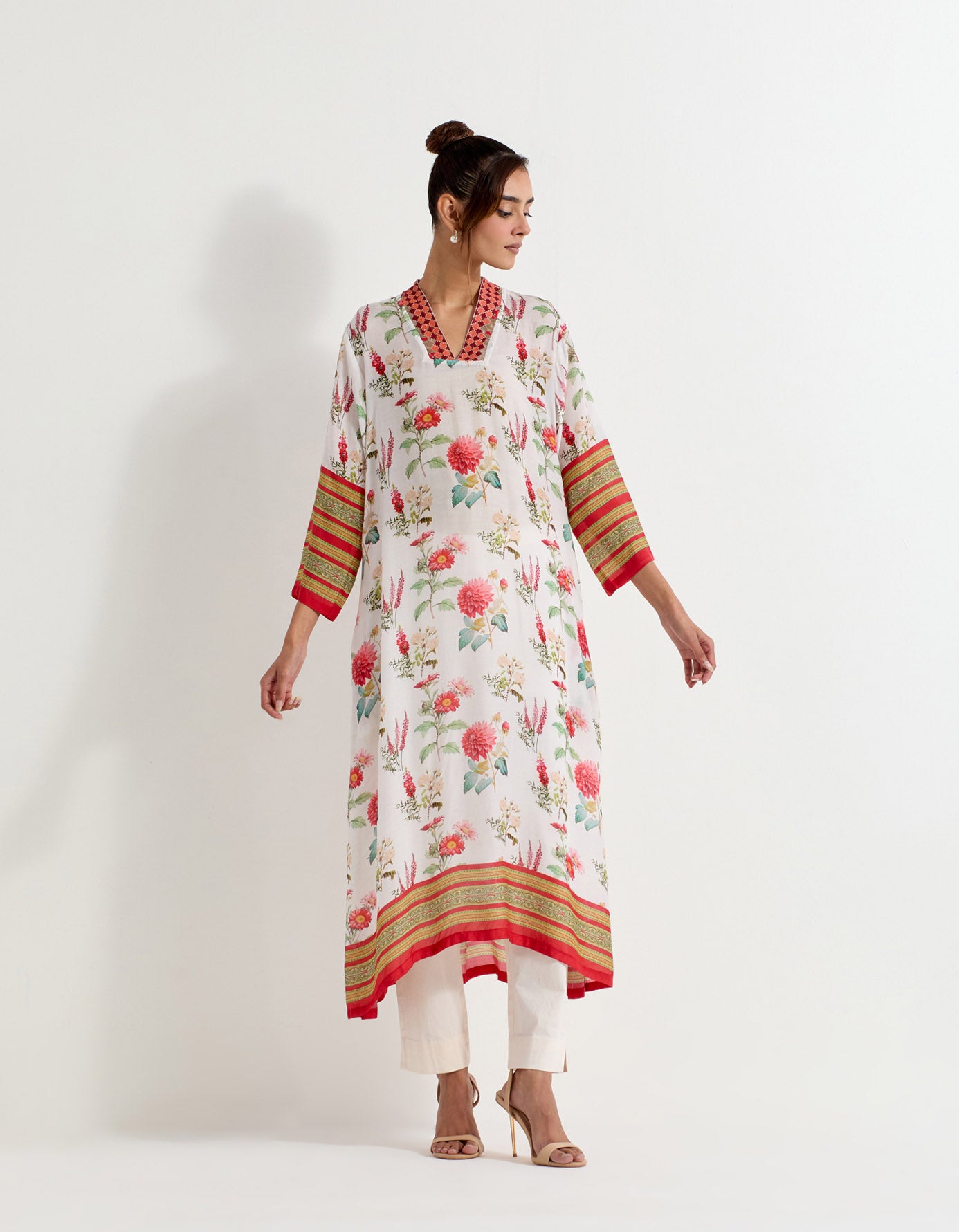 Daisy printed chanderi silk kurta with cross stitch embroidery borders and stretch lycra pants