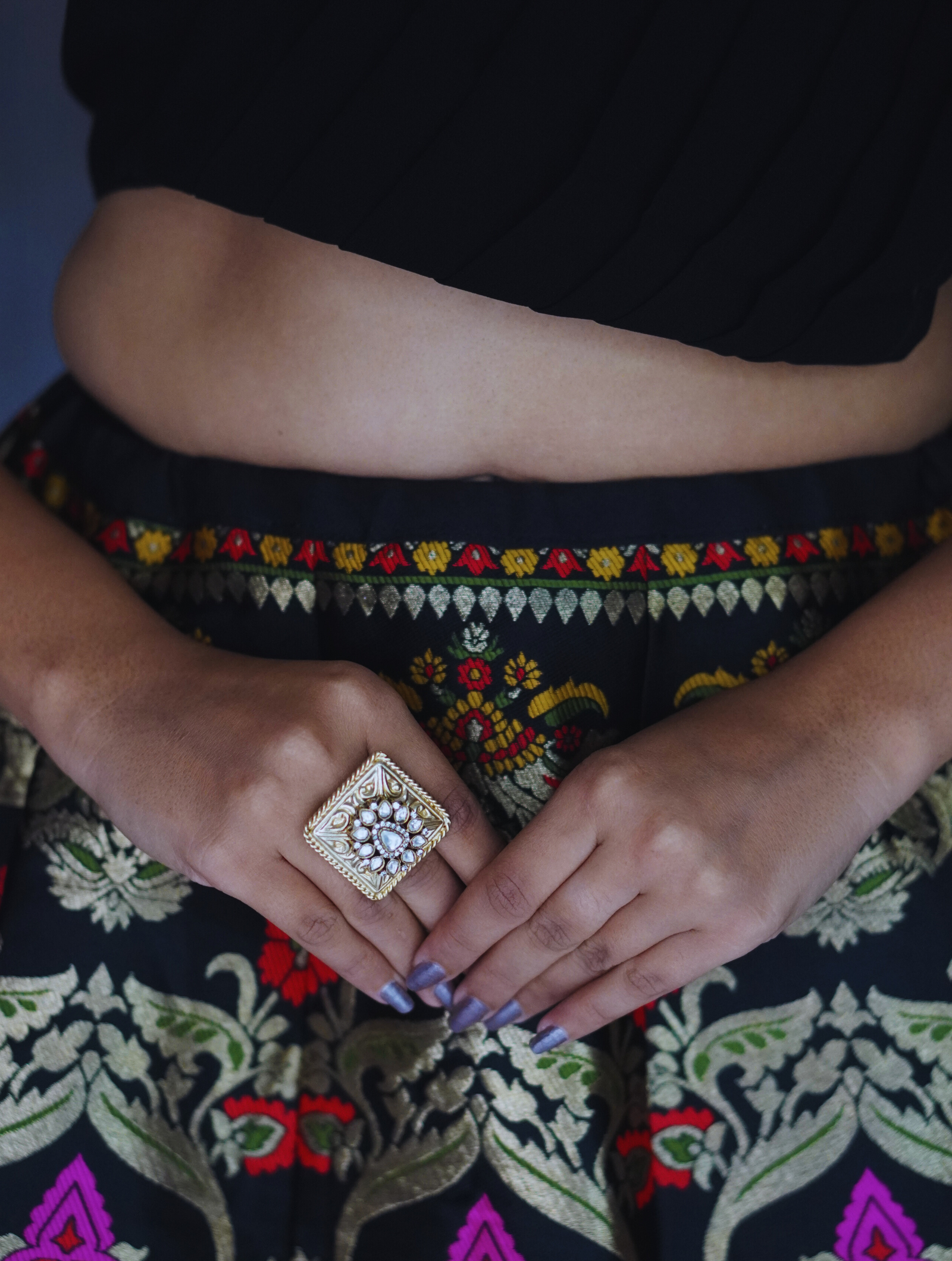 Fusion Gold Color Kundan Fingerring